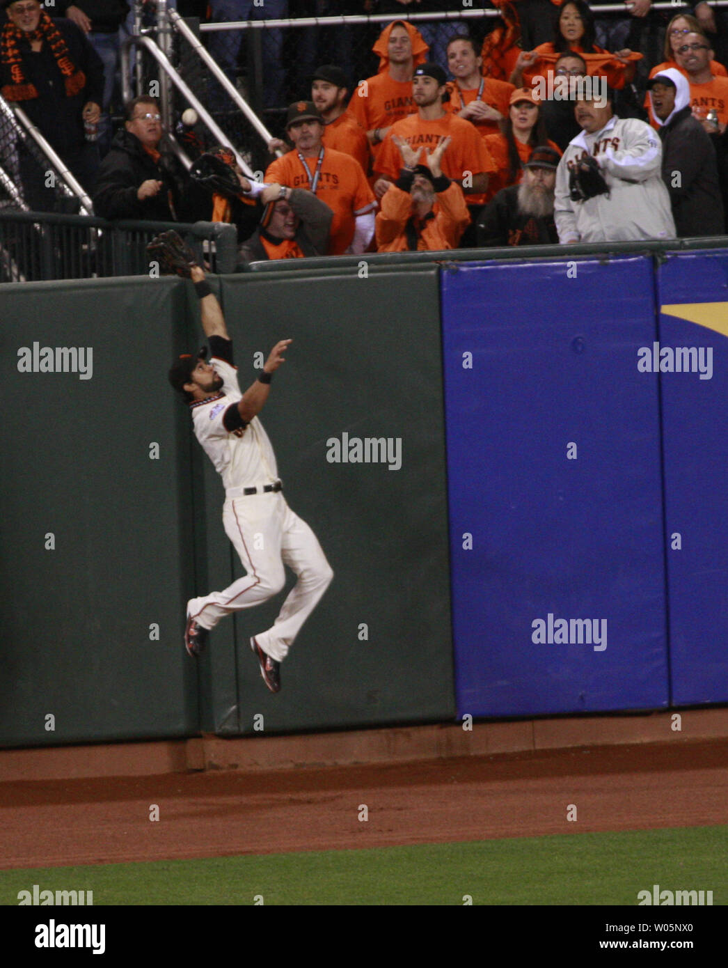 San Francisco Giants Angel Pagan leaps in vain for a home run by Detroit Tigers Jhonny Peralta in the ninth inning of game one of the World Series at AT&T Park in San Francisco on October 24, 2012.  The Giants defeated the Tigers 8-3.  UPI/Bruce Gordon Stock Photo