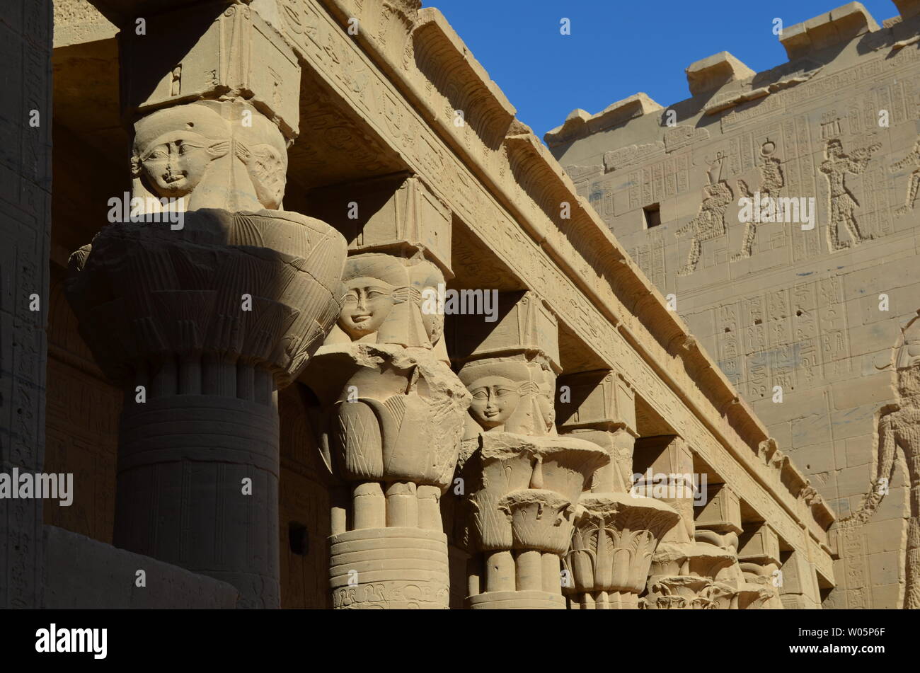 Temple of Philae, Egypt, Columns and Wall Stock Photo