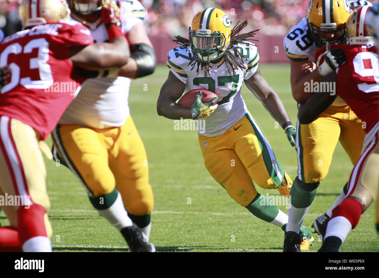Green Bay Packers RB Eddie Lacy (27)  runs for six yards to the San Francisco 49ers two yard line in the fourth quarter at Candlestick Park in San Francisco on September 8, 2013.The 49ers defeated the Packers 34-28.    UPI/Bruce Gordon Stock Photo