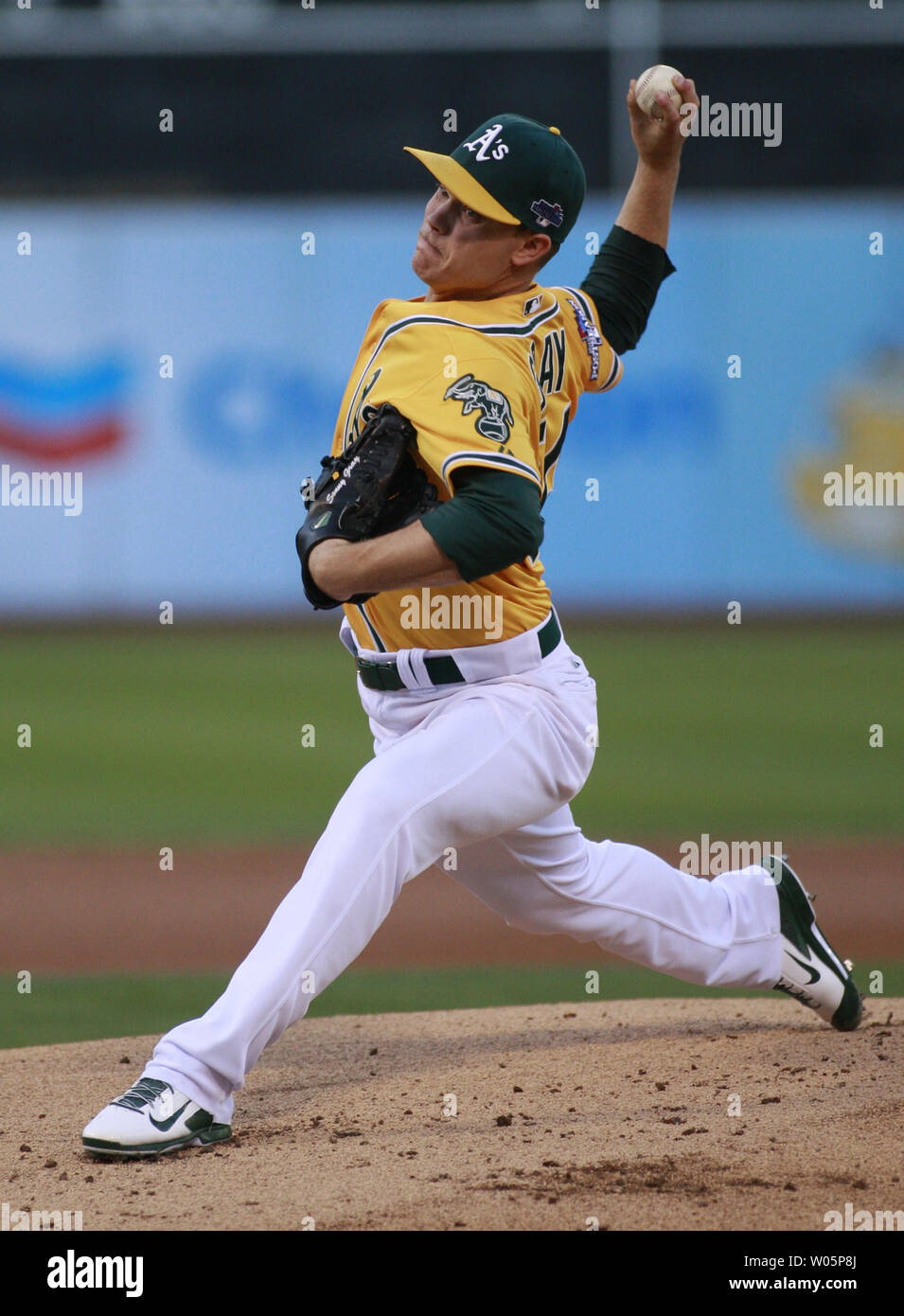 Oakland A's Sonny Gray throws against the Detroit Tigers in a pitching duel in game 2 of the American League Division Series at O.co Coliseum in Oakland, California on October 5, 2013.The A's won 1-0 in the bottom of the ninth.     UPI/Bruce Gordon Stock Photo