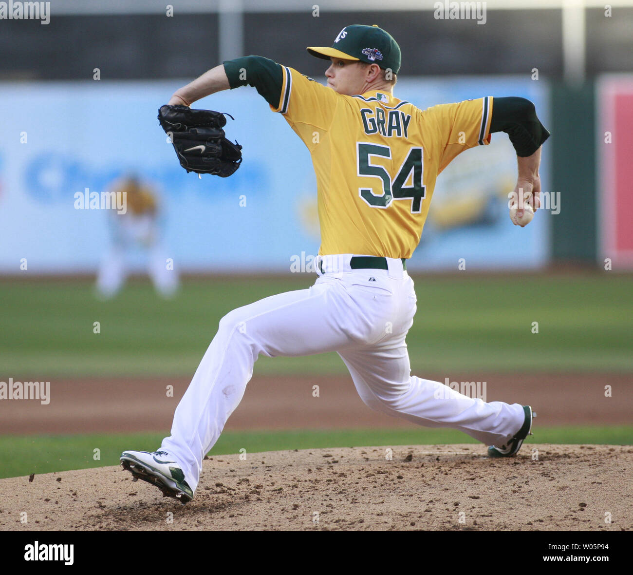 Oakland A's Sonny Gray throws in the second inning against the Detroit Tigers in game 5 of the American League Division Series at O.co Coliseum in Oakland, California on October 10, 2013.     UPI/Bruce Gordon Stock Photo