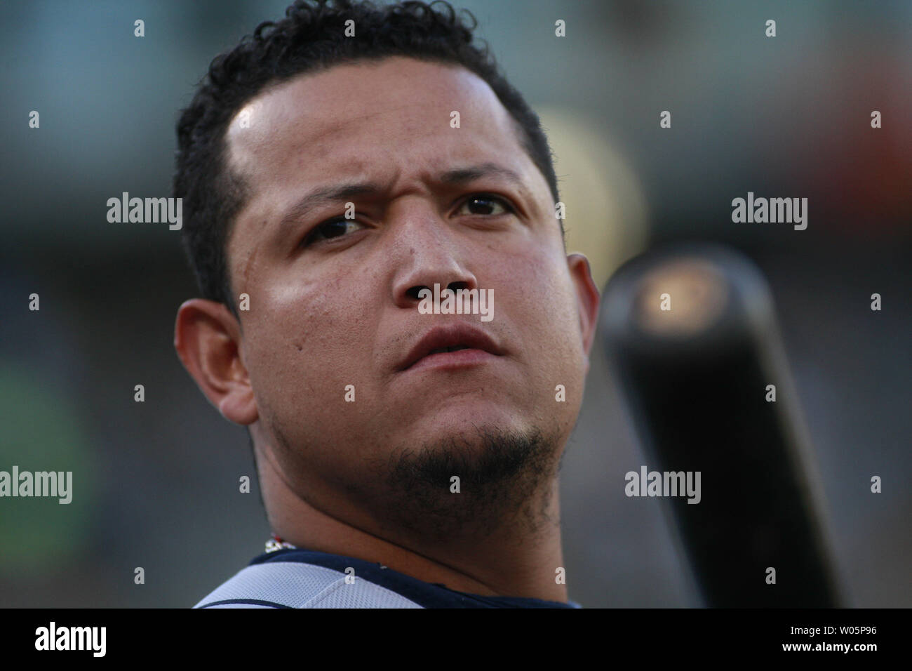 Detroit Tigers Miguel Cabrera waits in the ond deck circle to bat against the Oakland A's in game 5 of the American League Division Series at O.co Coliseum in Oakland, California on October 10, 2013.     UPI/Bruce Gordon Stock Photo