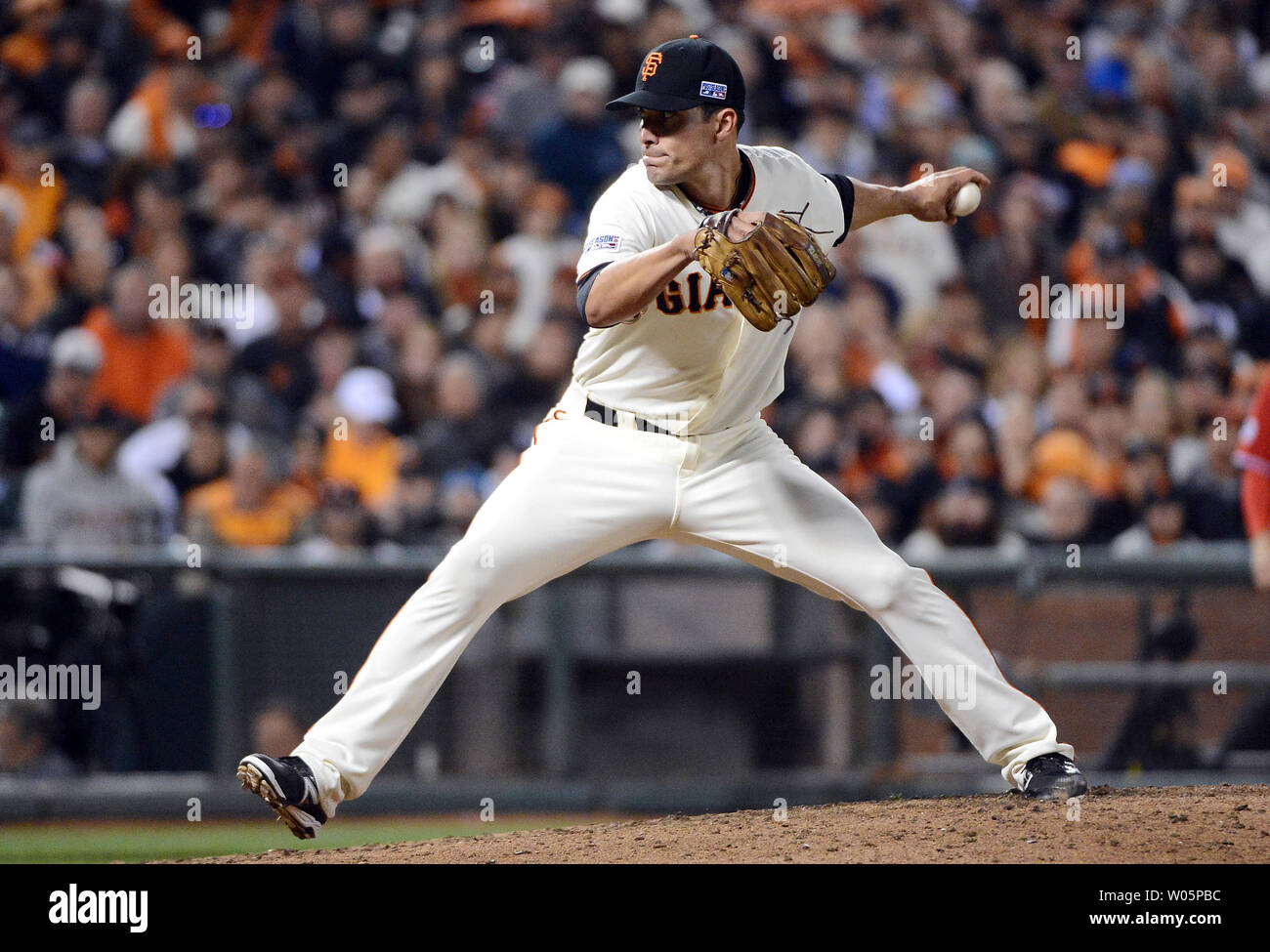 San Francisco Giants relief pitcher Javier Lopez throws a pitch in the sixth inning against the Washington Nationals in game 4 of the National League Division Series at AT&T Park in San Francisco on October 7, 2014.    UPI/Terry Schmitt Stock Photo