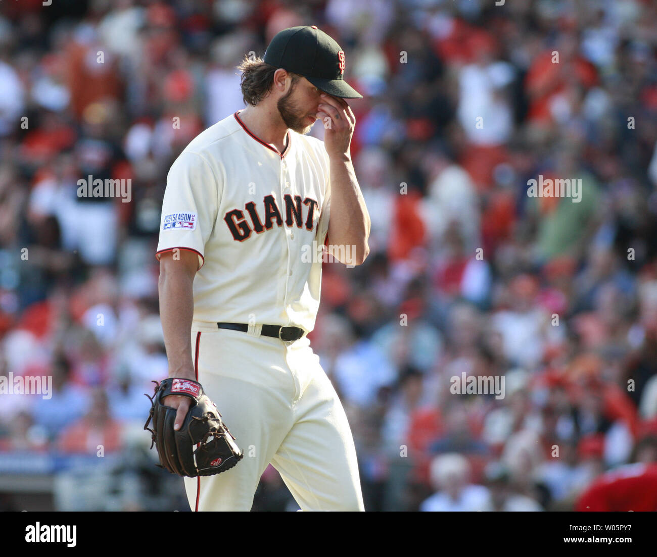 San Francisco Giants pitcher Madison Bumgarner walks off the mound after a disastrous seventh inning,  in which his throwing error allowed two Washington Nationals to score, in game 3 of the National League Division Series at AT&T Park in San Francisco on October 6, 2014. Bumgarner took the 4-1 loss. UPI/Bruce Gordon Stock Photo