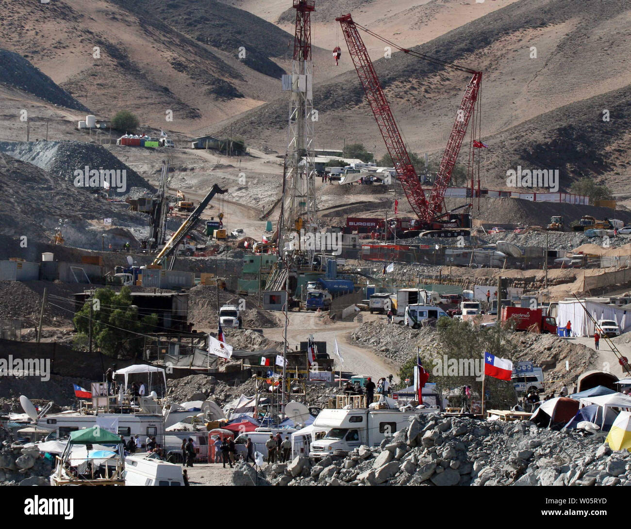 Campers with more than 2,000 family members, workers and press dot the landscape of Camp Hope next to the 33 trapped miners at San Jose Mine, Chile on October 11, 2010.   If all goes well, officials say the first miners will be brought up via a 20-minute ride in a rescue capsule more than 2,000 feet below the surface.   The miners have been trapped for more than two months.   UPI/Sebastian Padilla Stock Photo
