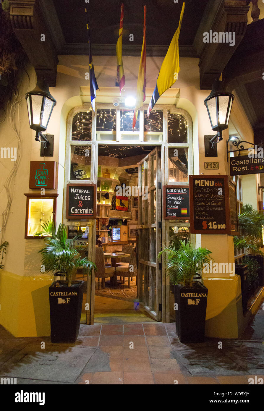 The open entrance to a restaurant in the trendy neighborhood of Getsemani in Cartagena, Colombia. Stock Photo