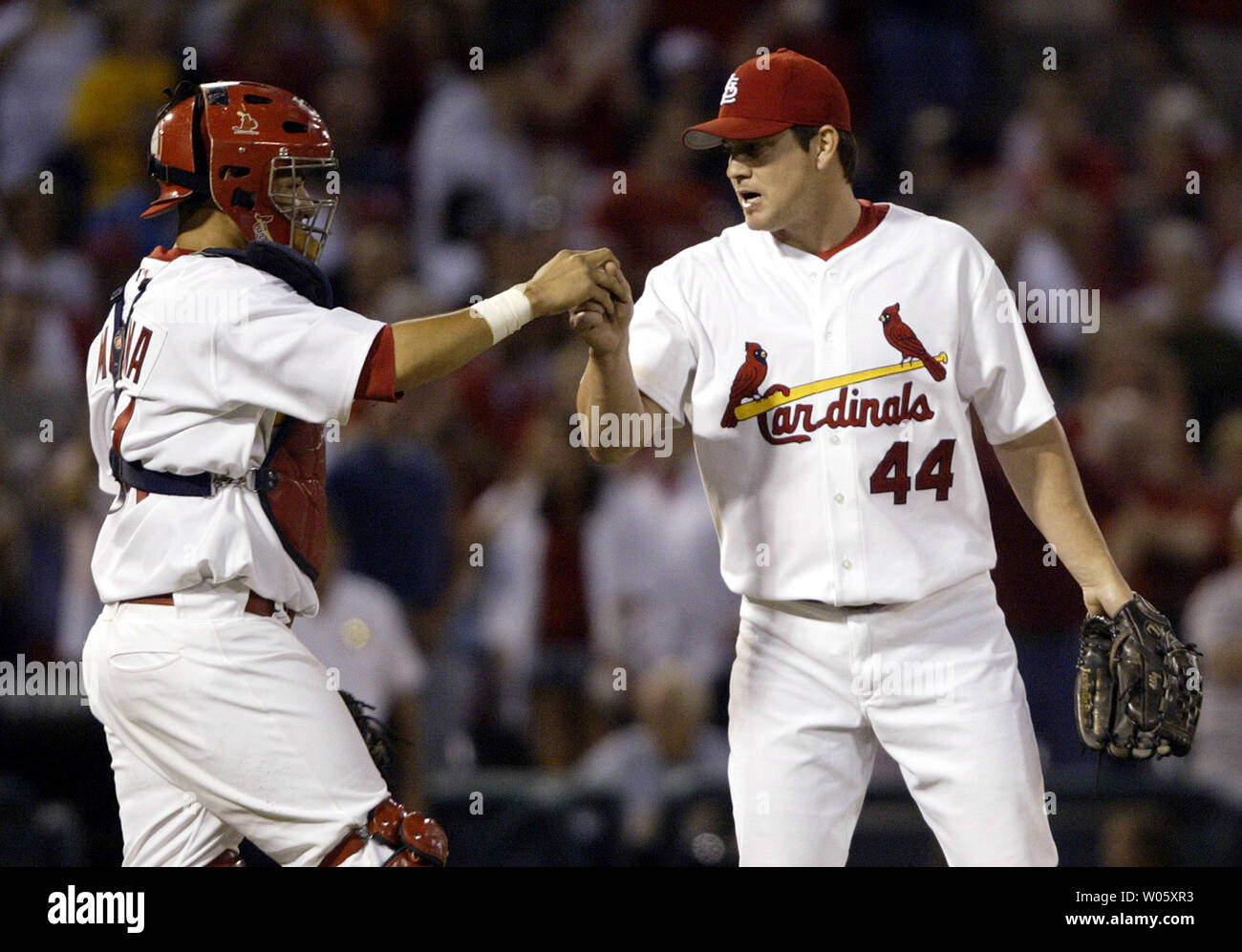 St. Louis Cardinals Jason Isringhausen (R) is congratulated by catcher Yadier  Molina after shutting down the Cincinnati Reds in the ninth inning for the  9-2 win at Busch Stadium in St. Louis