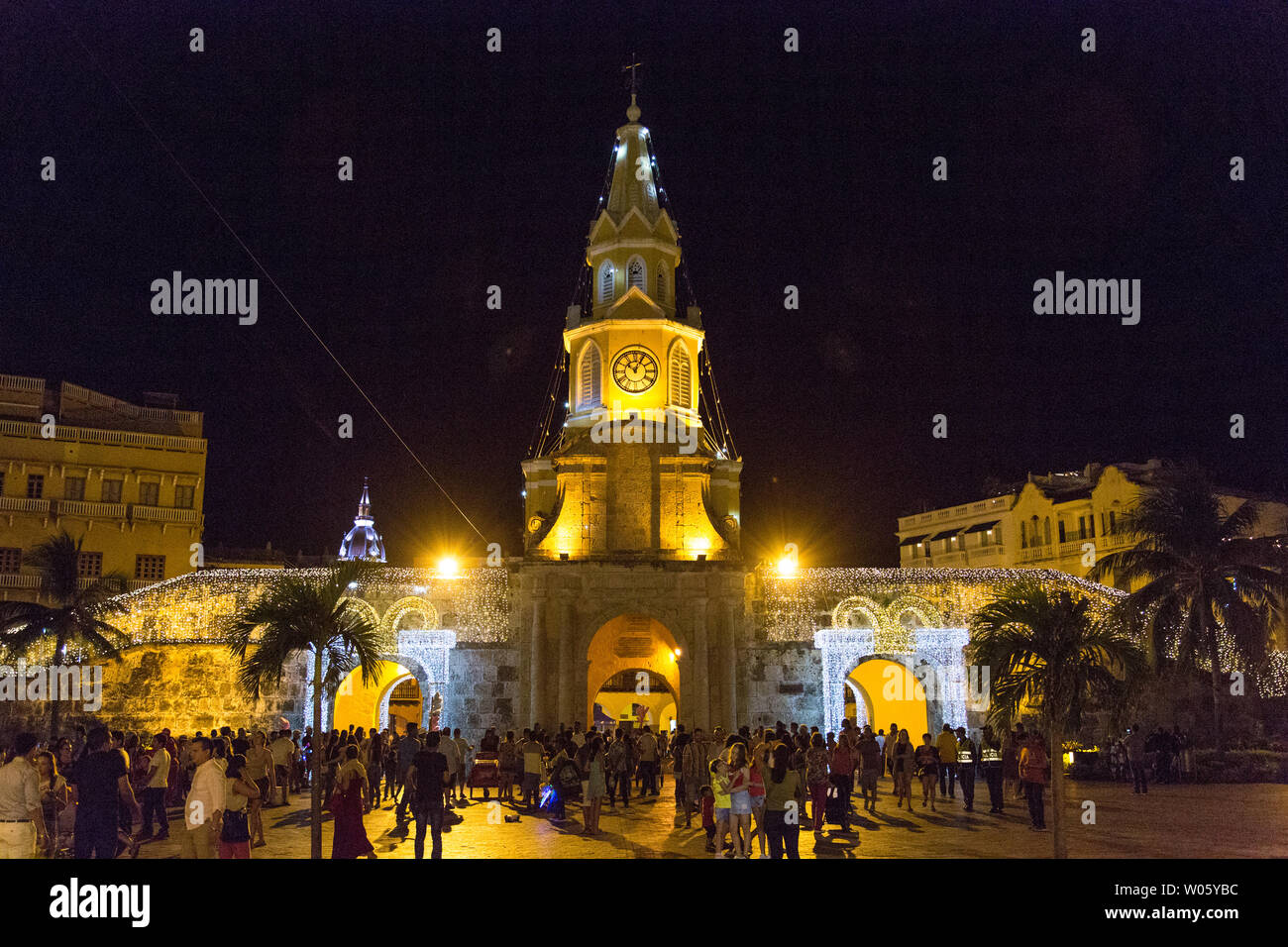 The famous clock tower (Torre del Reloj) in Cartagena, Colombia, at the entrance to the historic center (Centro) of town. Stock Photo