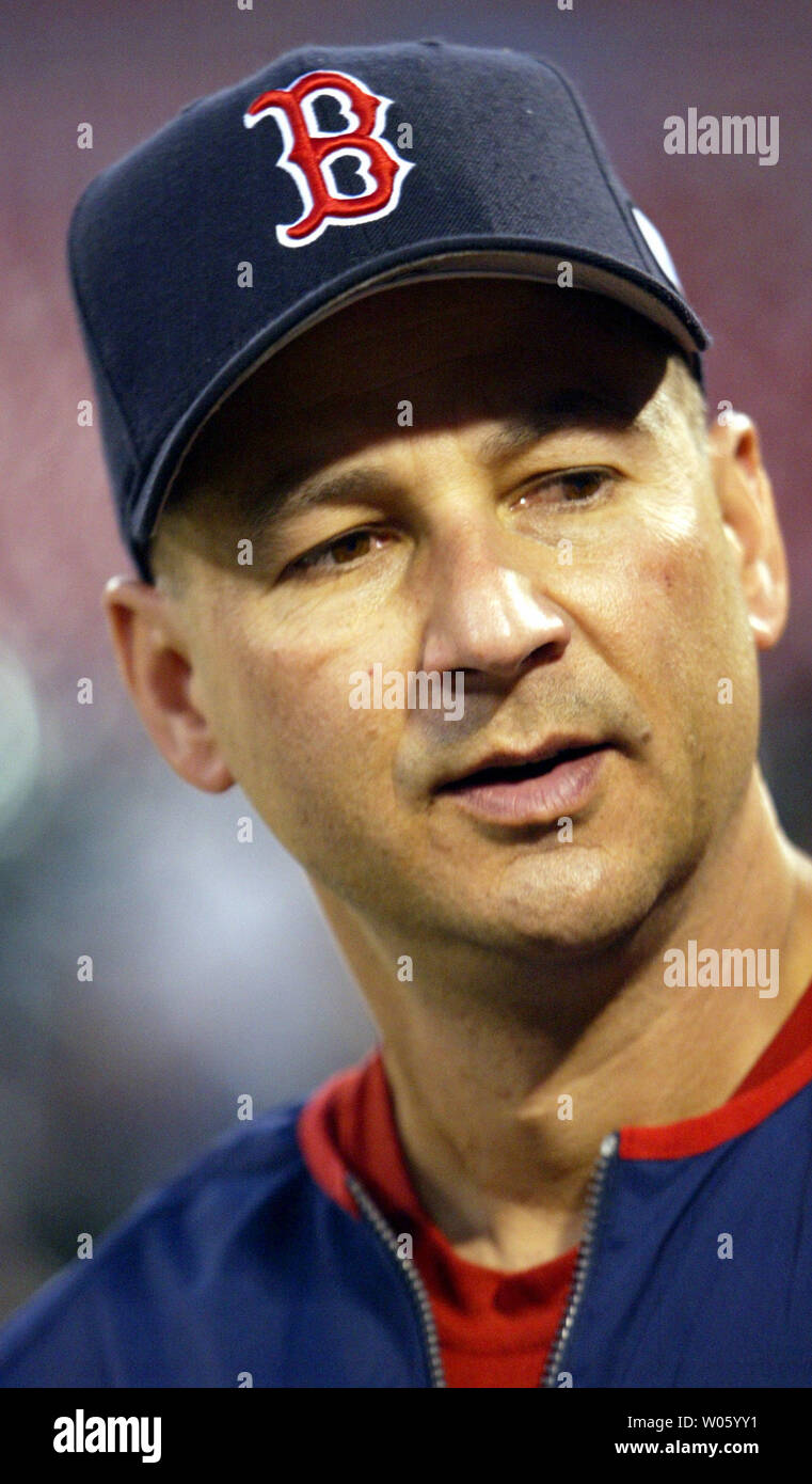 Boston Red Sox manager Terry Francona talks with reporters during a workout  session at Busch Stadium in St. Louis on October 25, 2004. Boston comes  into St. Louis for game three of