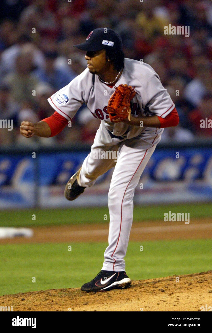 Boston Red Sox pitcher Pedro Martinez delivers a pitch to the St. Louis  Cardinals during game three of the World Series at Busch Stadium in St.  Louis on October 26, 2004. Martinez