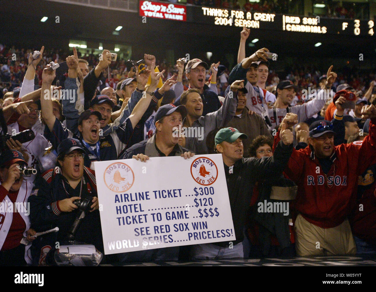 Boston Red sox fans celebrate a World Series win beating the St. Louis  Cardinals 3-0 at Busch Stadium in St. Louis on October 27, 2004. Boston  takes the World Championship for the