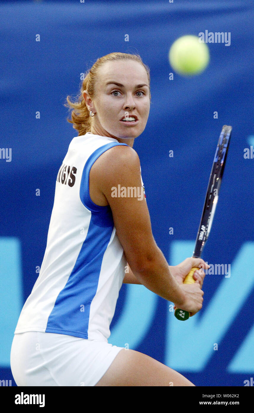 New York Sportimes World Tennis Team member Martina Hingis bears down