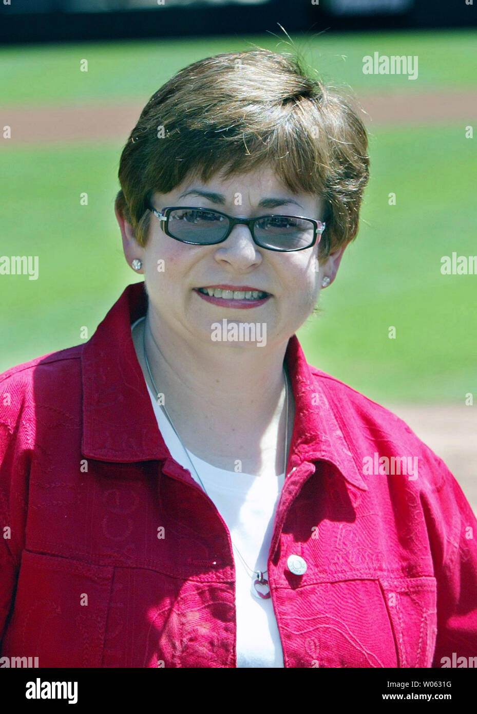 Maxine Clark, founder of Build-A-Bear Workshop is introduced before a game between the San Francisco Giants and the St. Louis Cardinals at Busch Stadium in St. Louis on August 21, 2005.  (UPI Photo/Bill Greenblatt) Stock Photo