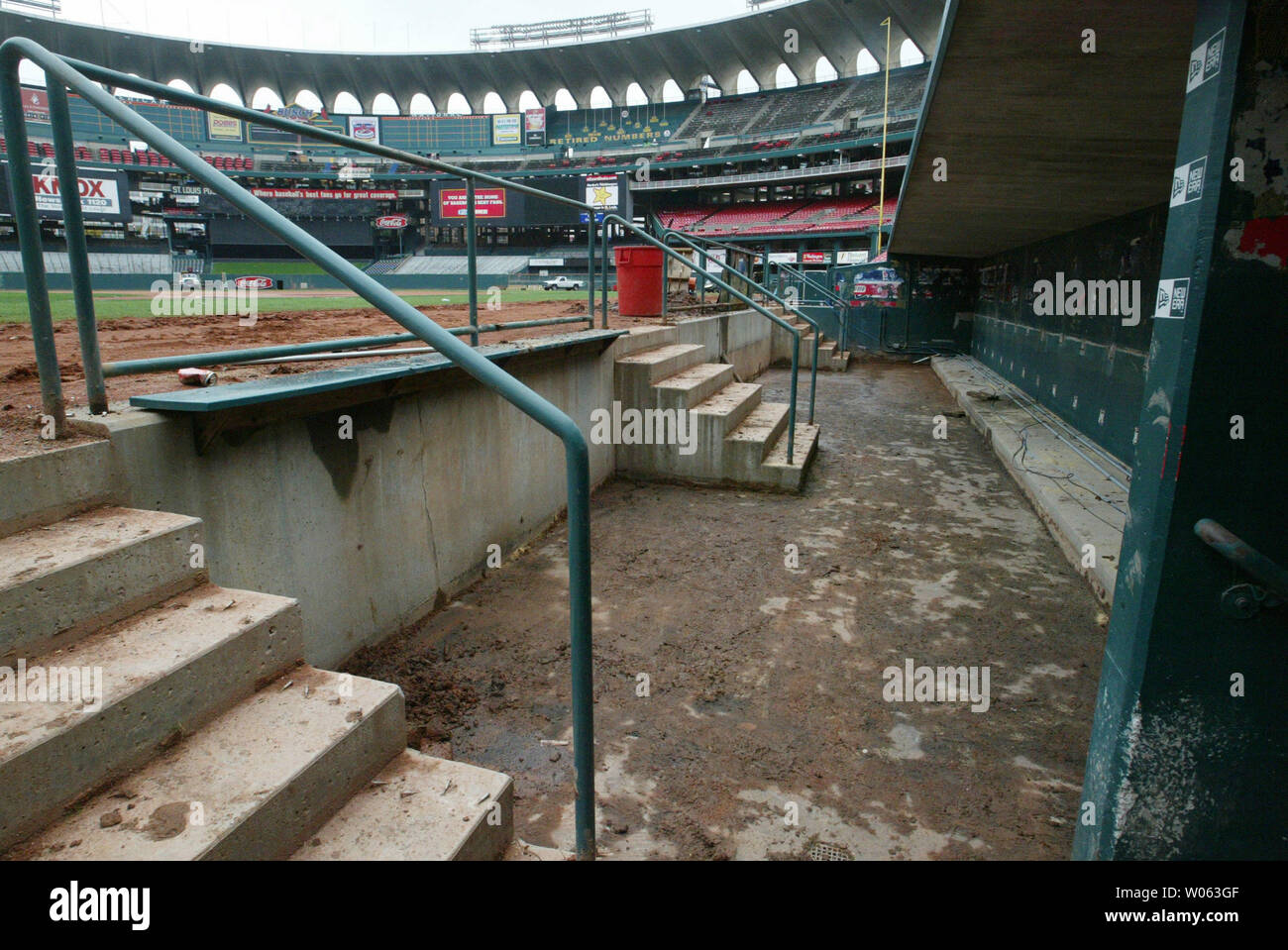 As demolition of Busch Stadium gets into full swing, the St. Louis Cardinals dugout has been stripped of its benches in St. Louis on October 21, 2005. Busch Stadium is being torn down after 40 years to make for a new Busch Stadium next door. (UPI Photo/Bill Greenblatt) Stock Photo