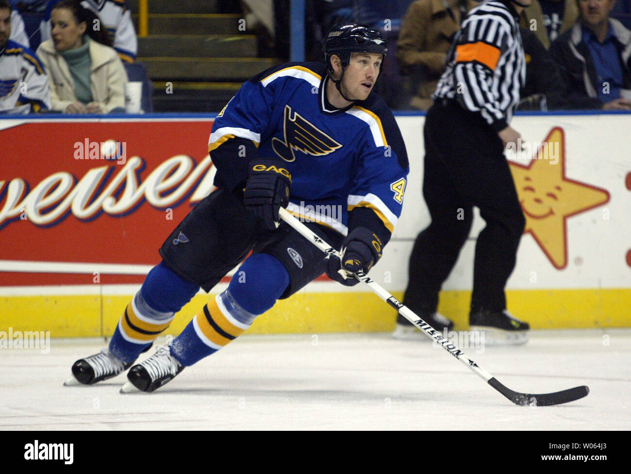 Columbus Blue Jackets Sergei Fedorov waits for a pass during the first  period against the St. Louis Blues at the Savvis Center in St. Louis on  March 31, 2005. (UPI Photo/Bill Greenblatt