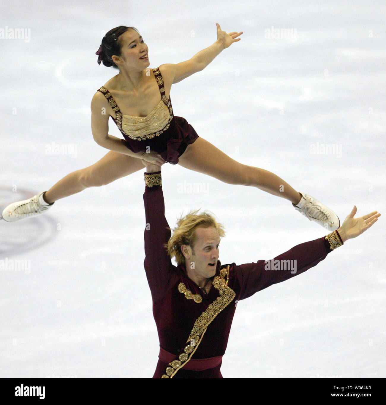 Senior dance skaters Rena Inoque of Hyougo, Japan and her partner John Baldwin of Dallas, perform their routine during the U.S. Figure Skating qualifying event at the Savvis Center in St. Louis on January 13, 2006. (UPI Photo/Bill Greenblatt) Stock Photo