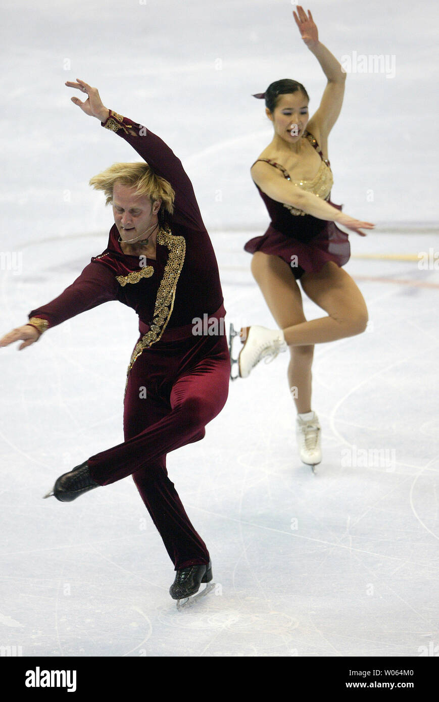 Senior dance skaters Rena Inoque of Hyougo, Japan and her partner John Baldwin of Dallas, perform their routine during the U.S. Figure Skating qualifying event at the Savvis Center in St. Louis on January 13, 2006. (UPI Photo/Bill Greenblatt) Stock Photo