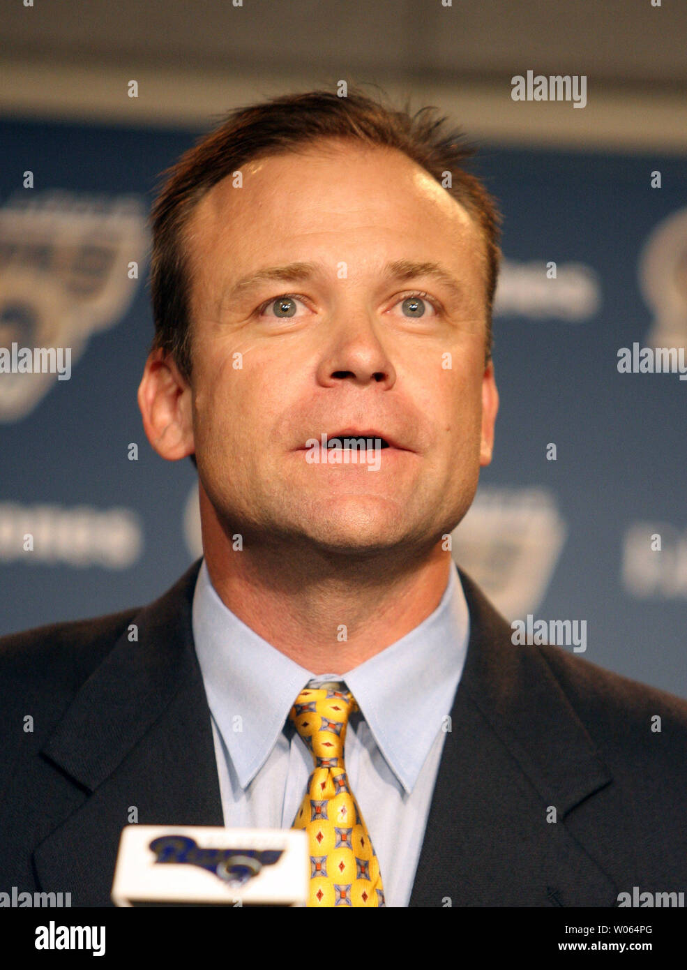 New St. Louis Rams head football coach Scott Linehan talks to reporters after being introduced as the 22nd coach in team history at the Rams practice facility in Earth City, Mo on January 20, 2006. Linehan comes to the Rams after one season as the offfensive coordinator for the Miami Dolphins. Linehan, 42, replaces Mike Martz who was head coach for five years and fired after the 2005-06 season.  (UPI Photo/Bill Greenblatt) Stock Photo