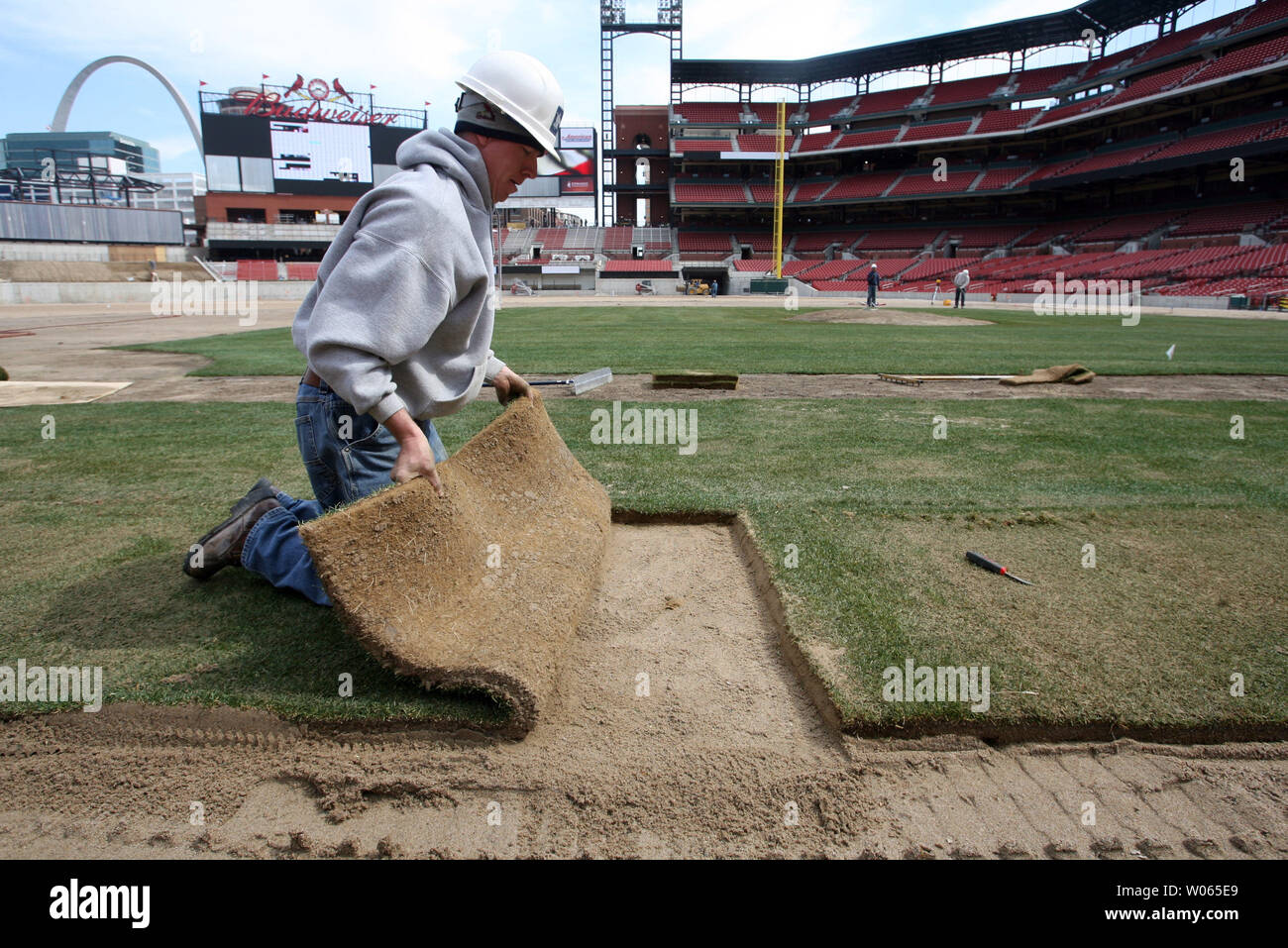 Grounds crew member Ryan Middleton carefully cuts and lays sod grass on the infield of the new Busch Stadium in St. Louis on March 15, 2006. Nearly 20 truckloads of sod from Fort Morgan, CO will cover the Busch Stadium playing surface, about 100 thousand square feet. The Cardinals will play their first game in the new facility on April 10. (UPI Photo/Bill Greenblatt) Stock Photo
