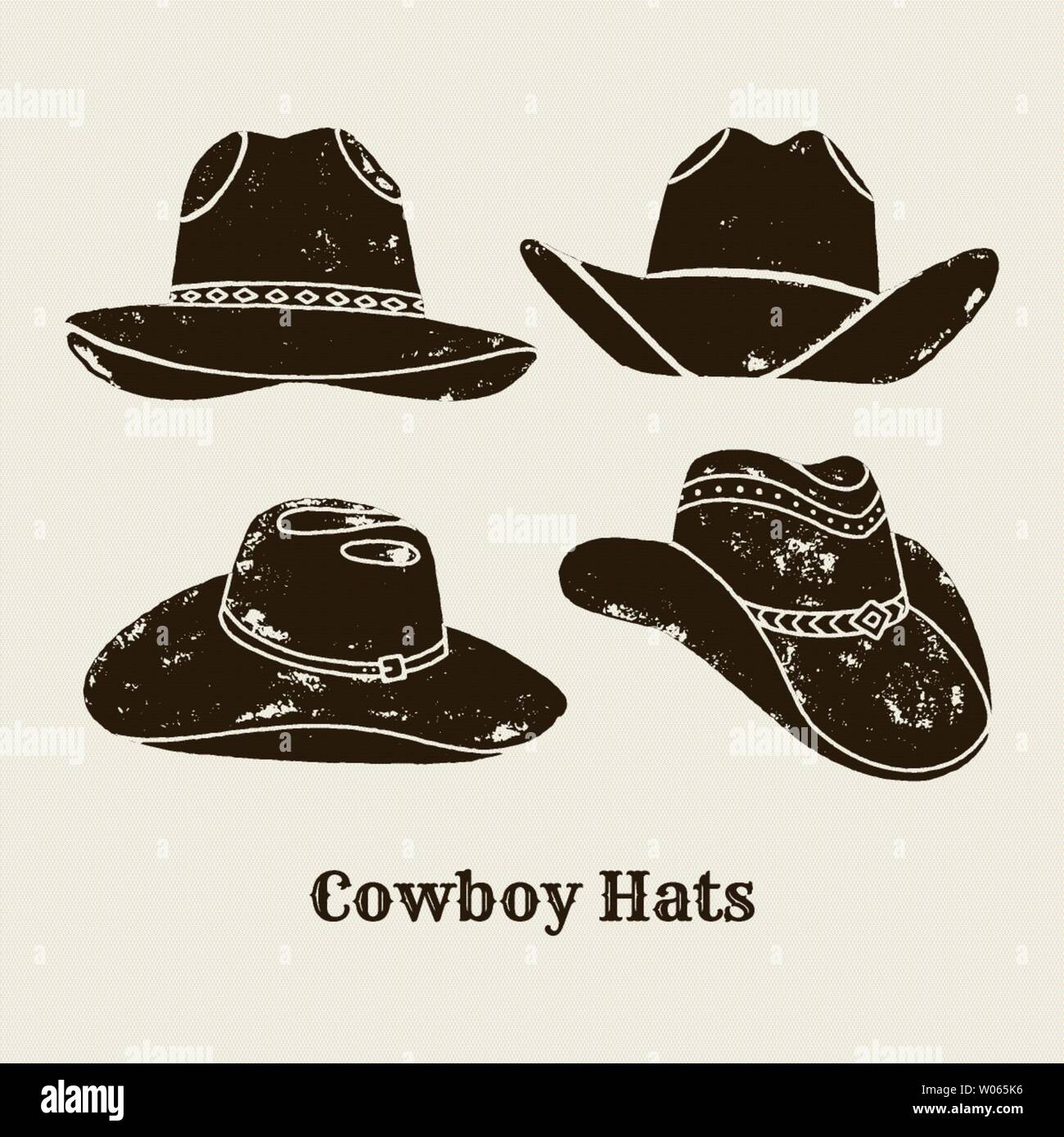 Vector illustration of cowboy hat. Hat silhouette in vintage style , grunge effect. Elements of the wild West for the design of posters, lettering, pr Stock Vector
