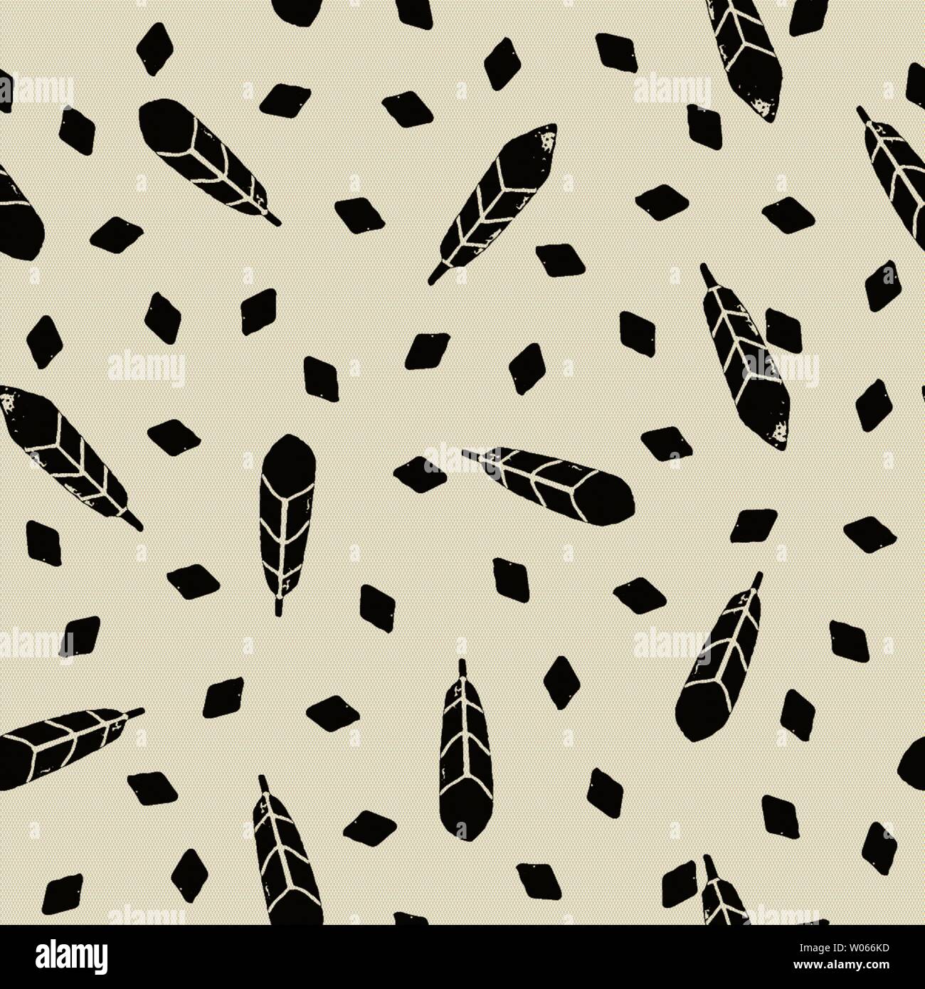 Vector hand draw seamless pattern with feathers and diamonds on white ...