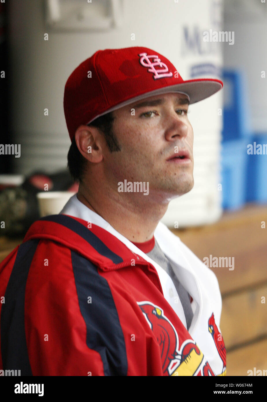 St. Louis Cardinals pitcher Anthony Reyes watches the action from the ...