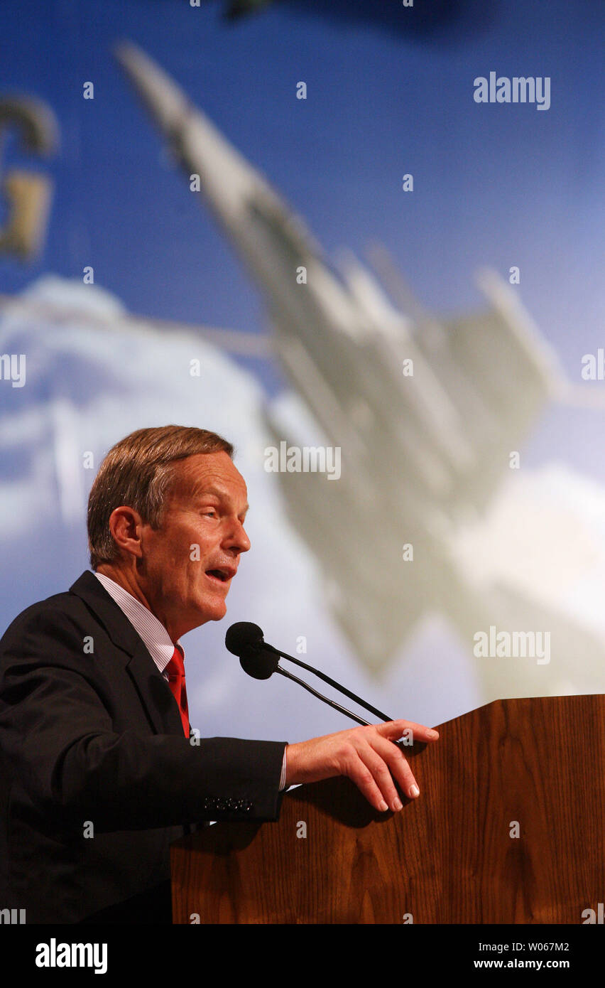 U.S. Rep. Todd Akin (R-MO) speaks during rollout ceremonies for the new EA-18G Growler airborne electronic aircraft, at the Boeing aircraft assembly plant in St. Louis on August 3, 2006. The plane is a two-seat F/A-18F Super Hornet with an advanced weapons, sensors and communications systems. (UPI Photo/Bill Greenblatt) Stock Photo