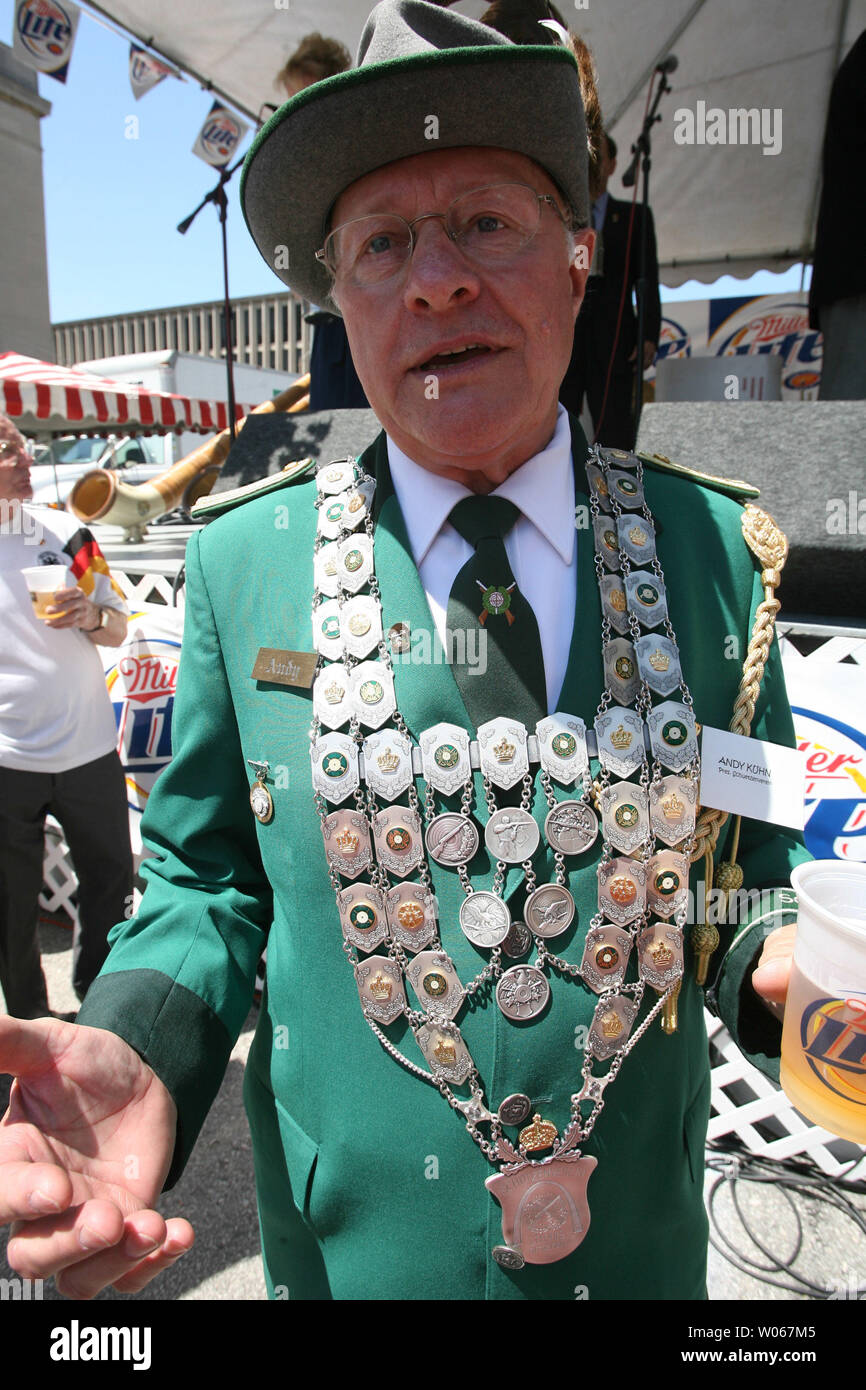 Andy Kuhn explains his shooting medals before the start of the St. Louis Strassenfest in downtown St. Louis on August 4, 2006. The three-day event celebrates German hertiage with beer, brats and alot of umpah music. (UPI Photo/Bill Greenblatt) Stock Photo
