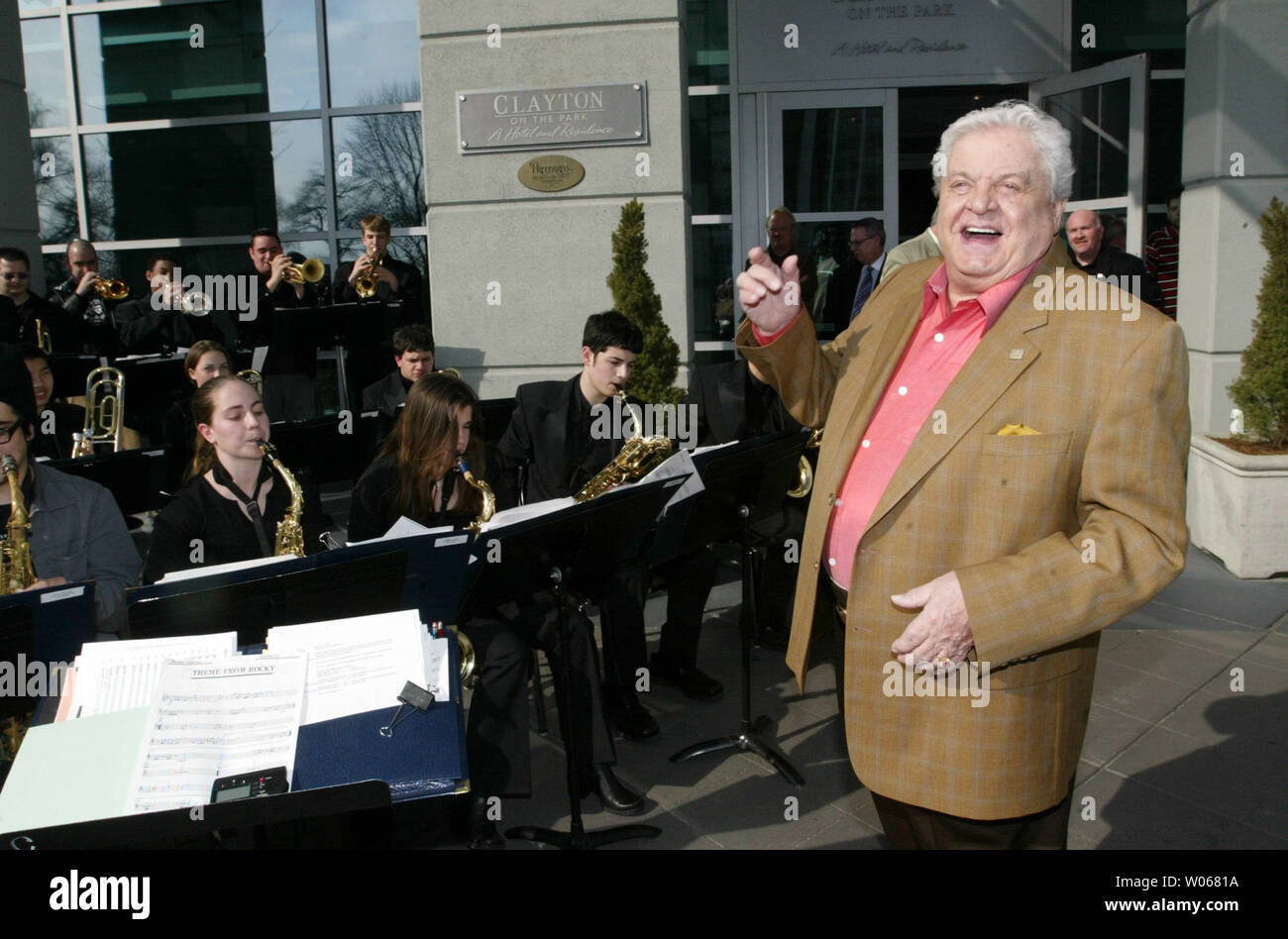 Legendary Musician Maynard Ferguson shown in this file photo conducting the Clayton, Mo High School Band on March 16, 2005, died at the age of 78 years-old in Ventura, CA as a result of kidney and liver failure brought on by an abodominal infection on August 24, 2006. Ferguson was a Grammy Nominated trumpeter known 'Gonna Fly Now,' the theme from the movie 'Rocky.'   (UPI Photo/Bill Greenblatt) Stock Photo