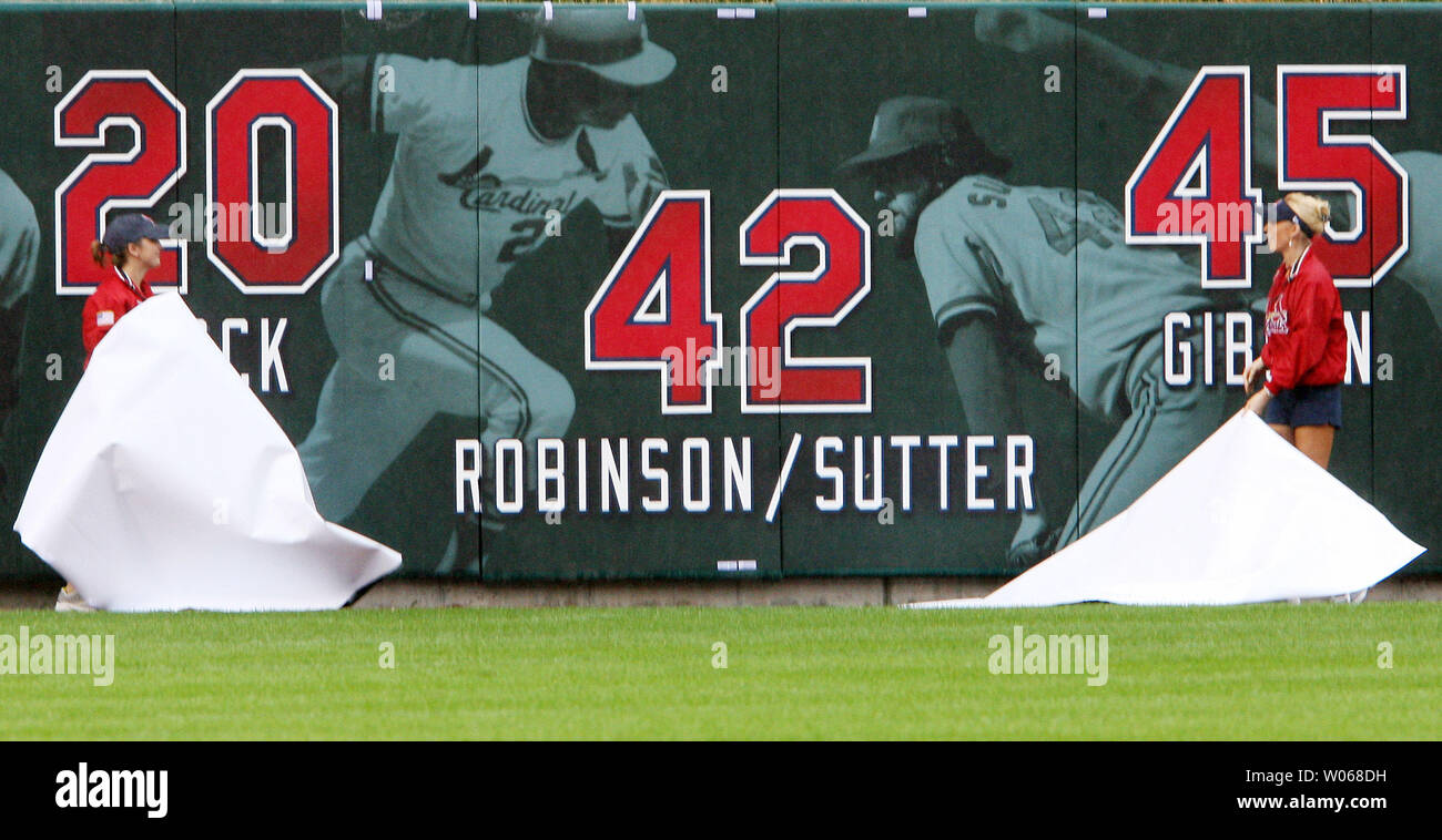 Former St. Louis Cardinals pitcher and 2006 member of the National Baseball  Hall of Fame Bruce Sutter has his old number 42 displayed as the St. Louis  Cardinals offically retire the number