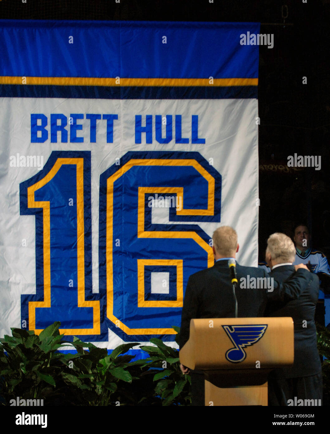 View of the banner that displays the retired number of former New
