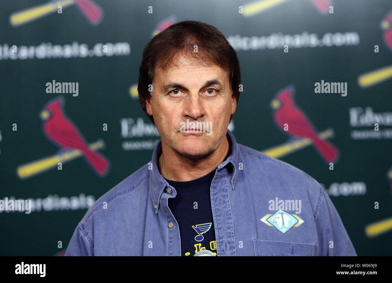 St. Louis Cardinals manager Tony La Russa addresses reporters about new players the team has signed, contract negotations with current players and his plans for the upcoming 2007 season, at Busch Stadium in St. Louis on December 13, 2006. (UPI Photo/Bill Greenblatt) Stock Photo