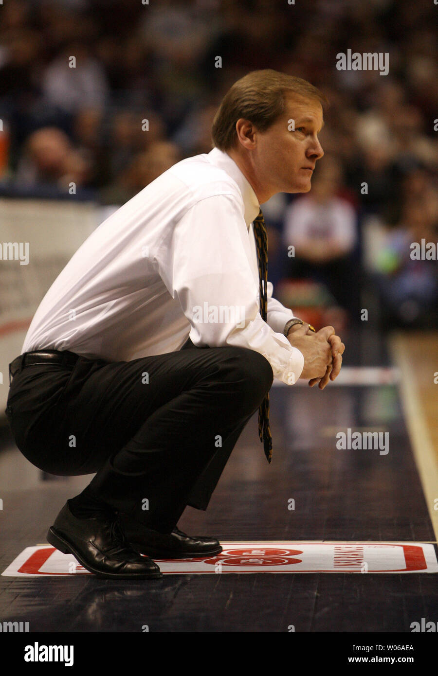 Creighton Bluejays head basketball coach Dana Altman watches his team take on the 11th ranked Southern Illinois Salukis in the Missouri Valley Tournament Championship Game at the Scottrade Center in St. Louis on March 4, 2007. (UPI Photo/Bill Greenblatt) Stock Photo