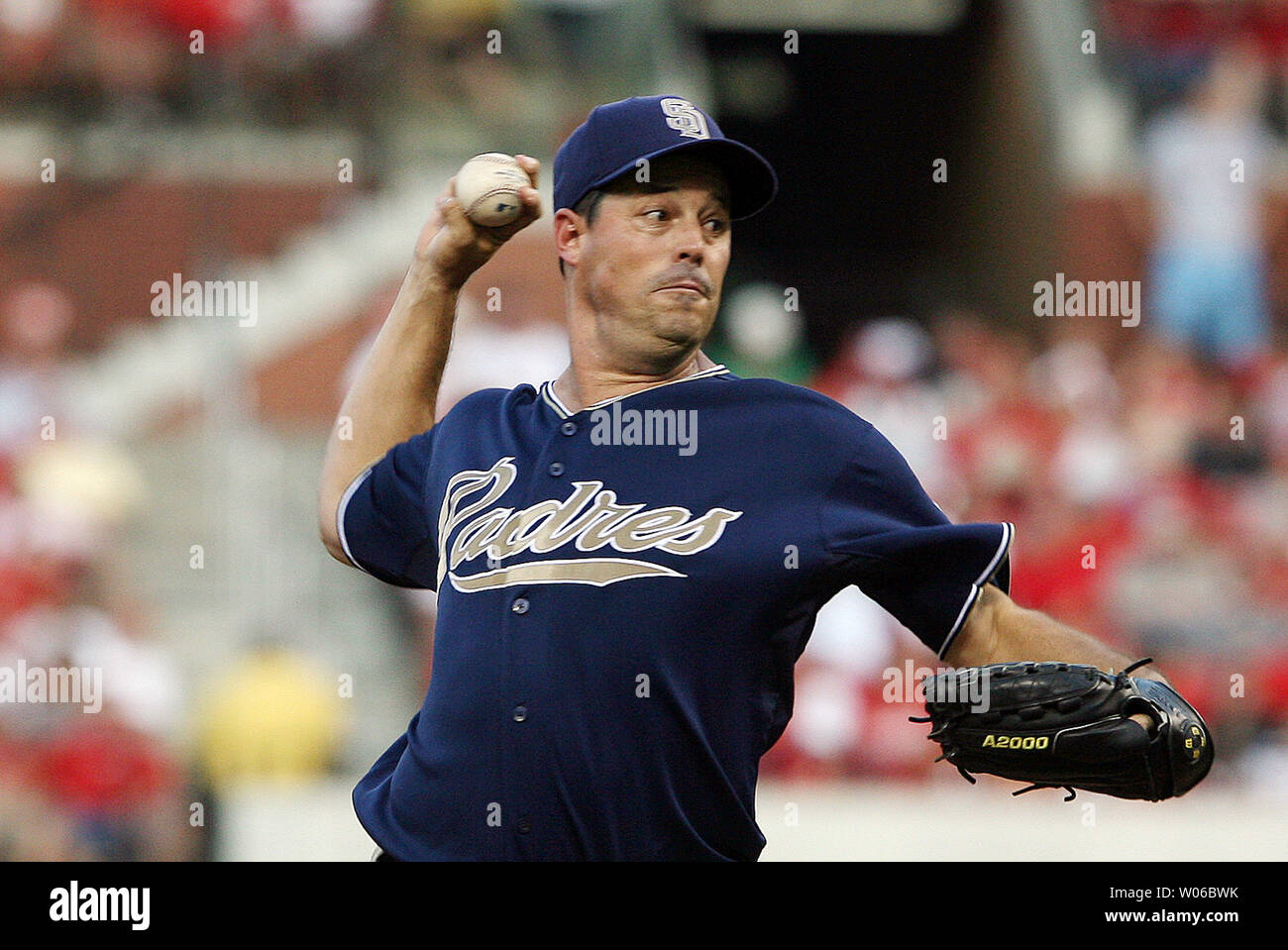 San Diego Padres Greg Maddux delivers a pitch to the St. Louis Cardinals lin the first inning at