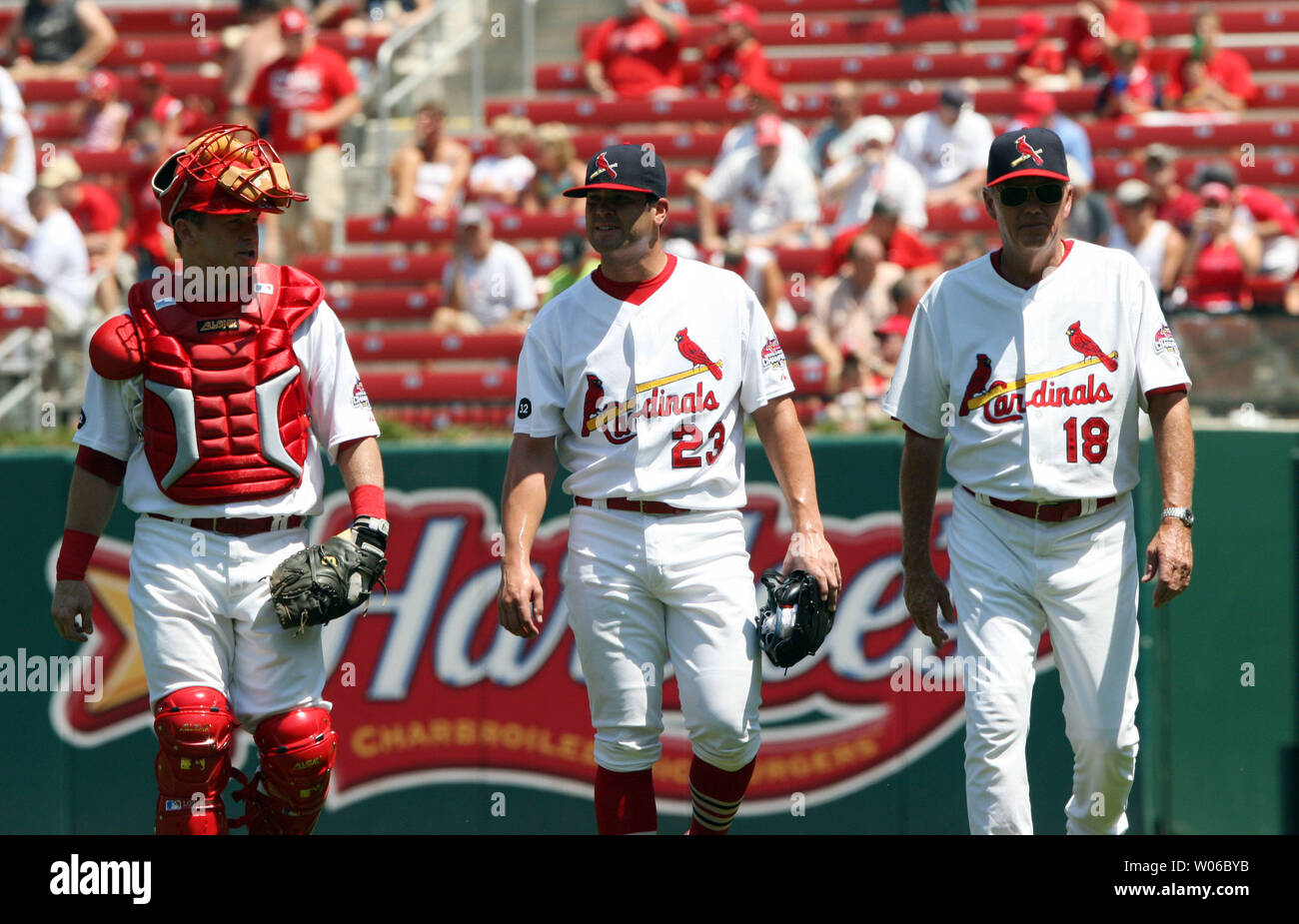 St. Louis Cardinals manager Tony La Russa (R) and pitching coach Dave  Duncan watch their team take on the Atlanta Braves at Busch Stadium in St.  Louis on August 22, 2008. St.