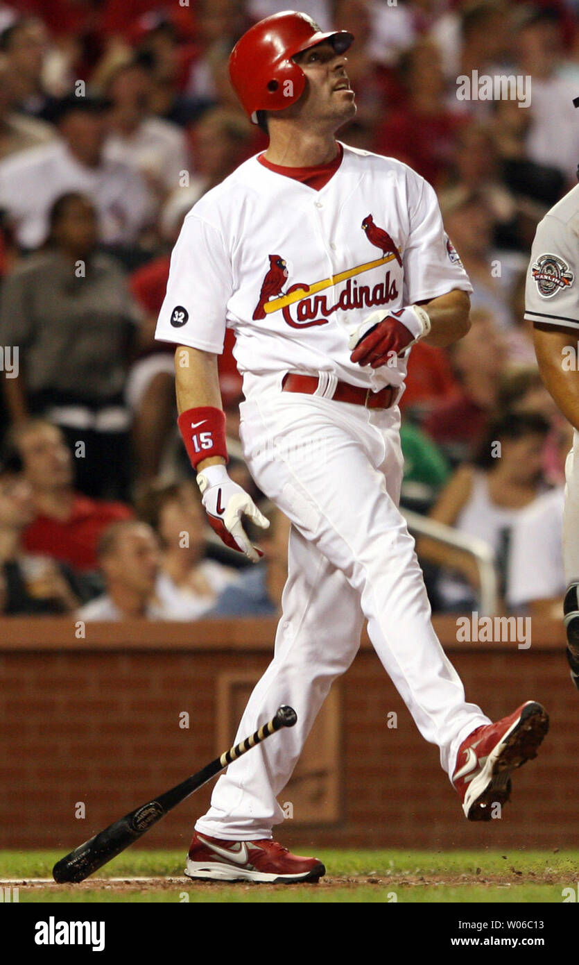 St. Louis Cardinals Jim Edmonds watches his two run home run leave the park  for the lead in the seventh inning at Busch Stadium in St. Louis on August  22, 2007. St.