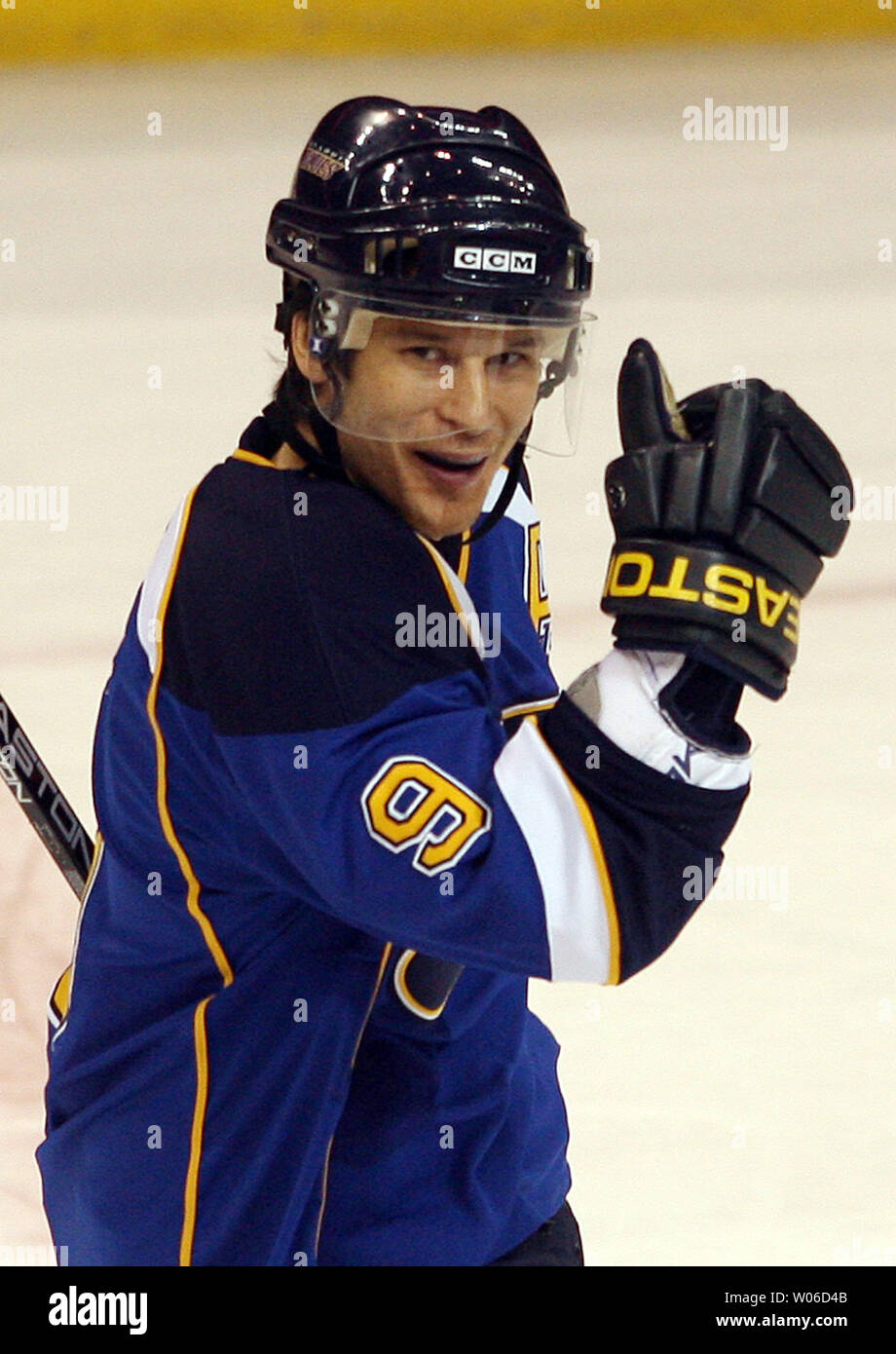 St. Louis Blues Paul Kariya advances the puck up the ice during the first  period against the Edmonton Oilers at the Scottrade Center in St. Louis on  December 11, 2009. UPI/Bill Greenblatt