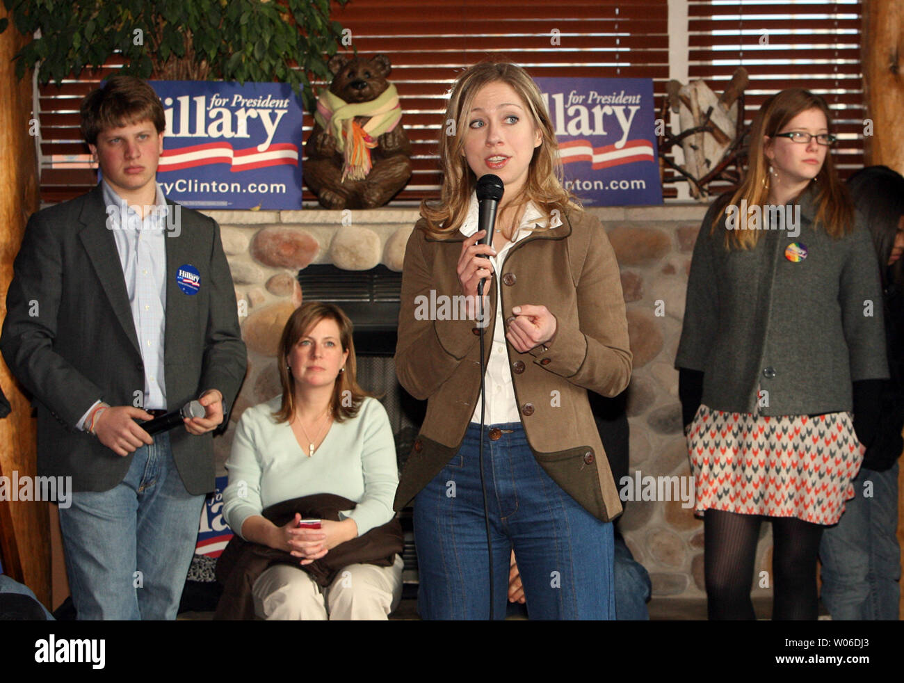 Chelsea Clinton, daughter of former President Bill Clinton and Sen. Hillary  Clinton (D-NY) addresses Washington University students at a nearby coffee  shop, stumping for her mother in St. Louis on January 28,