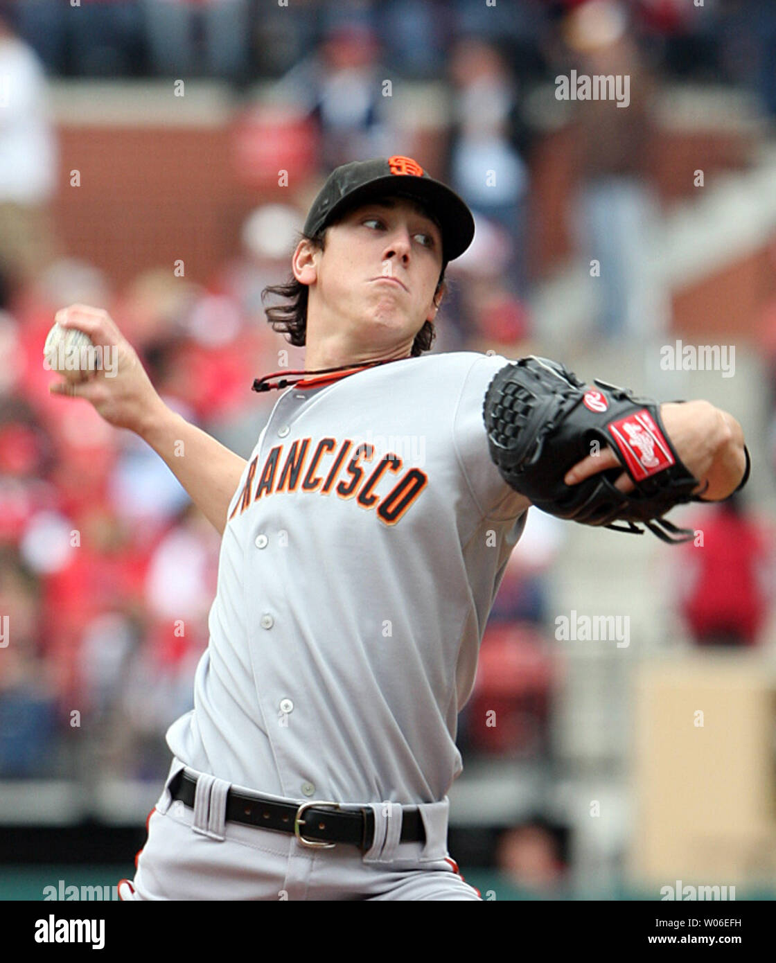 San Francisco Giants pitcher Tim Lincecum delivers a pitch to the St. Louis  Cardinals in the fourth inning at Busch Stadium in St. Louis on April 19,  2008. San Francisco won the