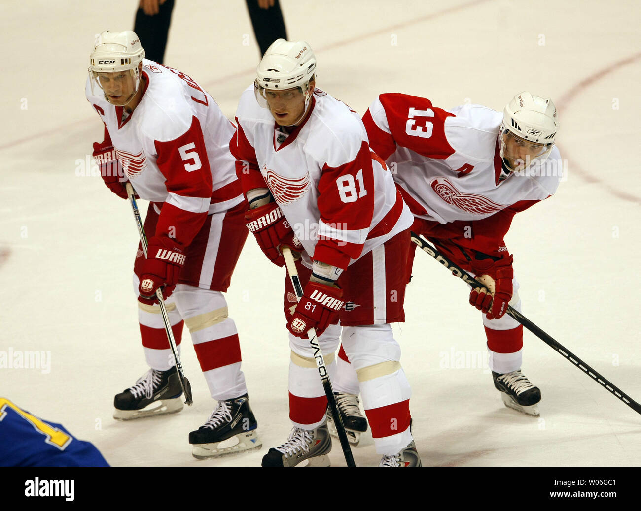 Detroit Red Wings players (L to R) Nicklas Lidstrom of Sweden, Marian Hossa of the Slovak Republic and Pavel Datsyuk of Russia wait for the drop of the puck in the St. Louis Blues zone during the first period at the Scottrade Center in St. Louis on October 22, 2008. (UPI Photo/Bill Greenblatt) Stock Photo