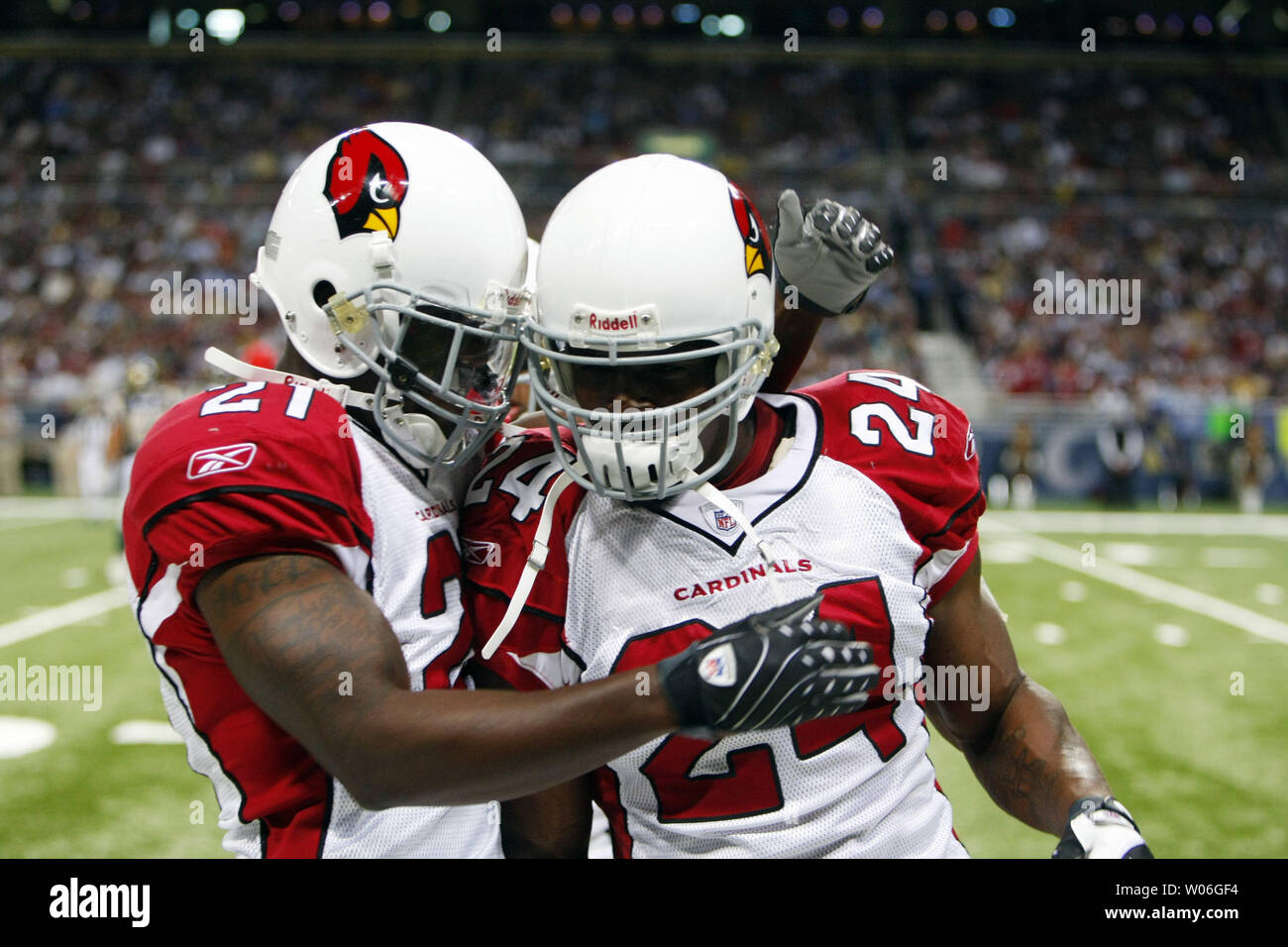 Arizona Cardinals Antrel Rolle (L) celebrates his interception run back for a touchdown with teammate Adrian Wilson in the second quarter against the St. Louis Rams at the Edward Jones Dome in St. Louis on November 2, 2008. Arizona won the game 31-13. (UPI Photo/Bill Greenblatt) Stock Photo