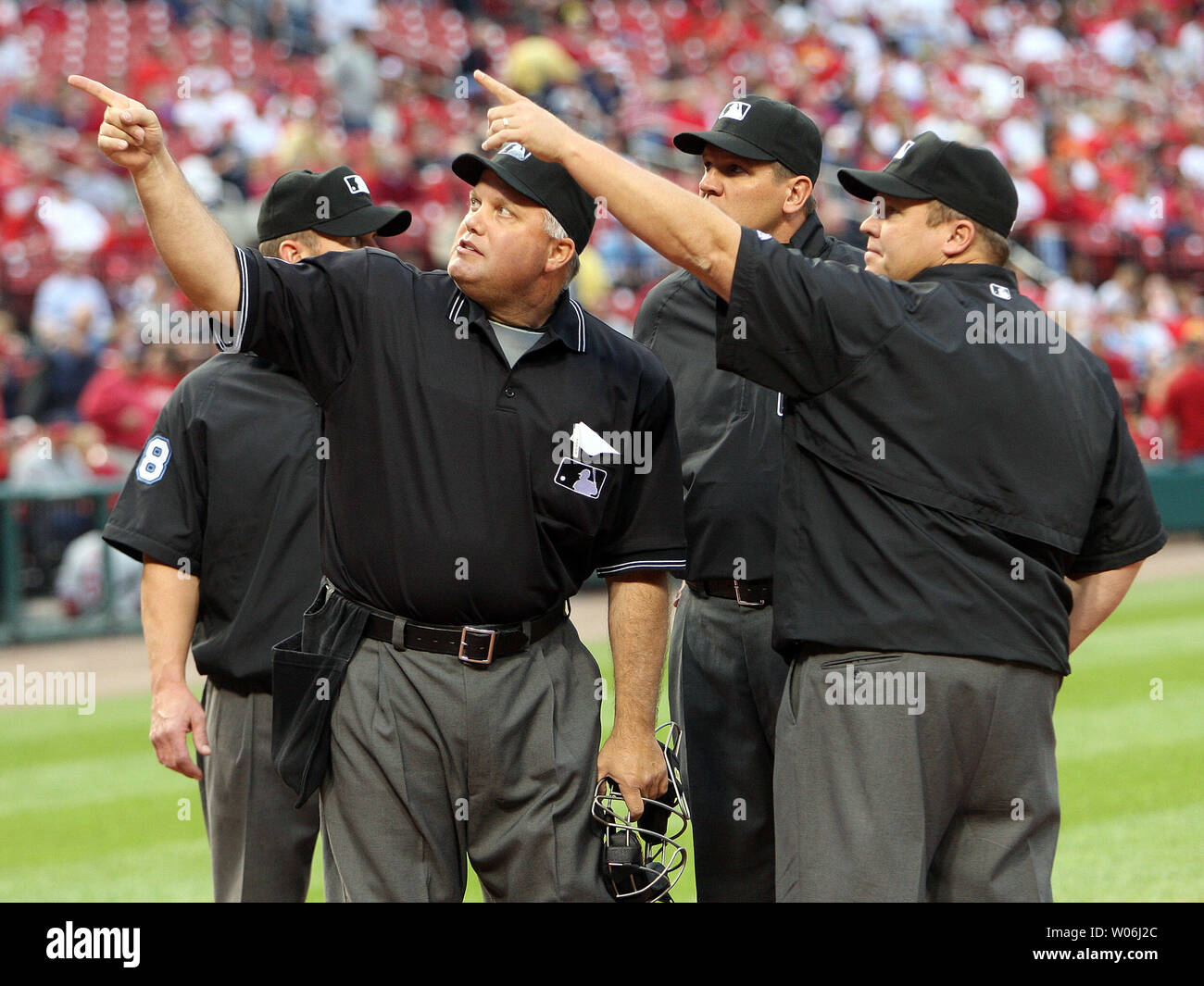 St. Louis, United States. 04th Aug, 2021. Major League Umpires (L to R)  Todd Tichenor, Dan Merzel, John Tumpane and Marvin Hudson pose for a  photograph before the start of the Atlanta