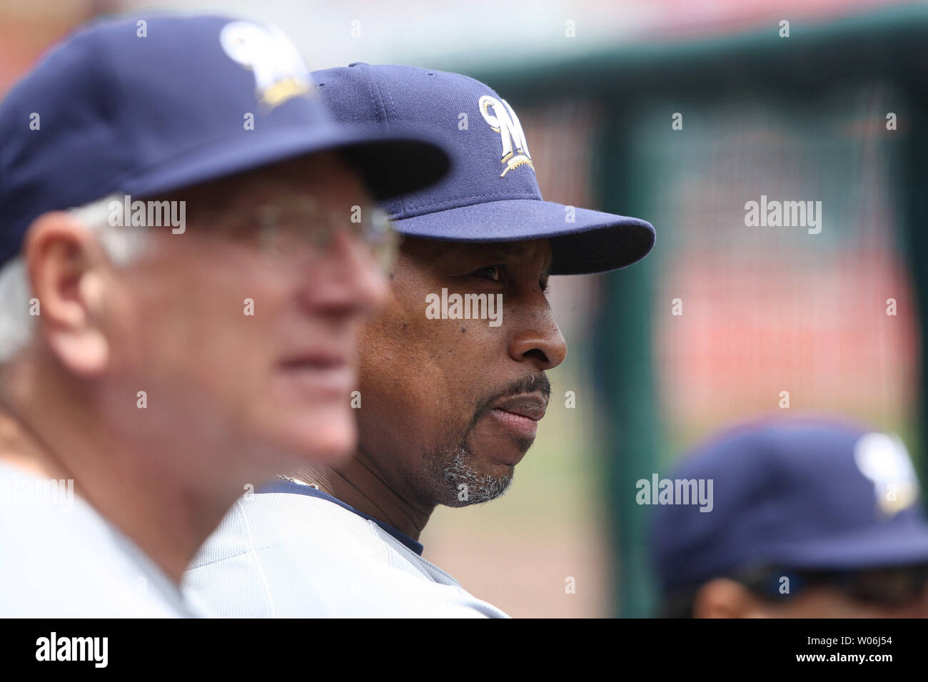 Milwaukee Brewers coach Willie Randolph (R) watches the action with manager Ken Macha from the dugout against the St. Louis Cardinals at Busch Stadium in St. Louis on May 16, 2009.  Milwaukee won the game 1-0.   (UPI Photo/Bill Greenblatt) Stock Photo