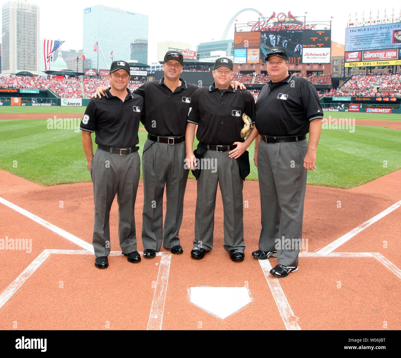 Umpires (L to R) Chris Guccione, Tony Randazzo, Todd Tichenor and Jerry Layne pose for a photograph before the  Kansas City Royals- St. Louis Cardinals baseball game at Busch Stadium in St. Louis on May 24, 2009.  (UPI Photo/Bill Greenblatt) Stock Photo