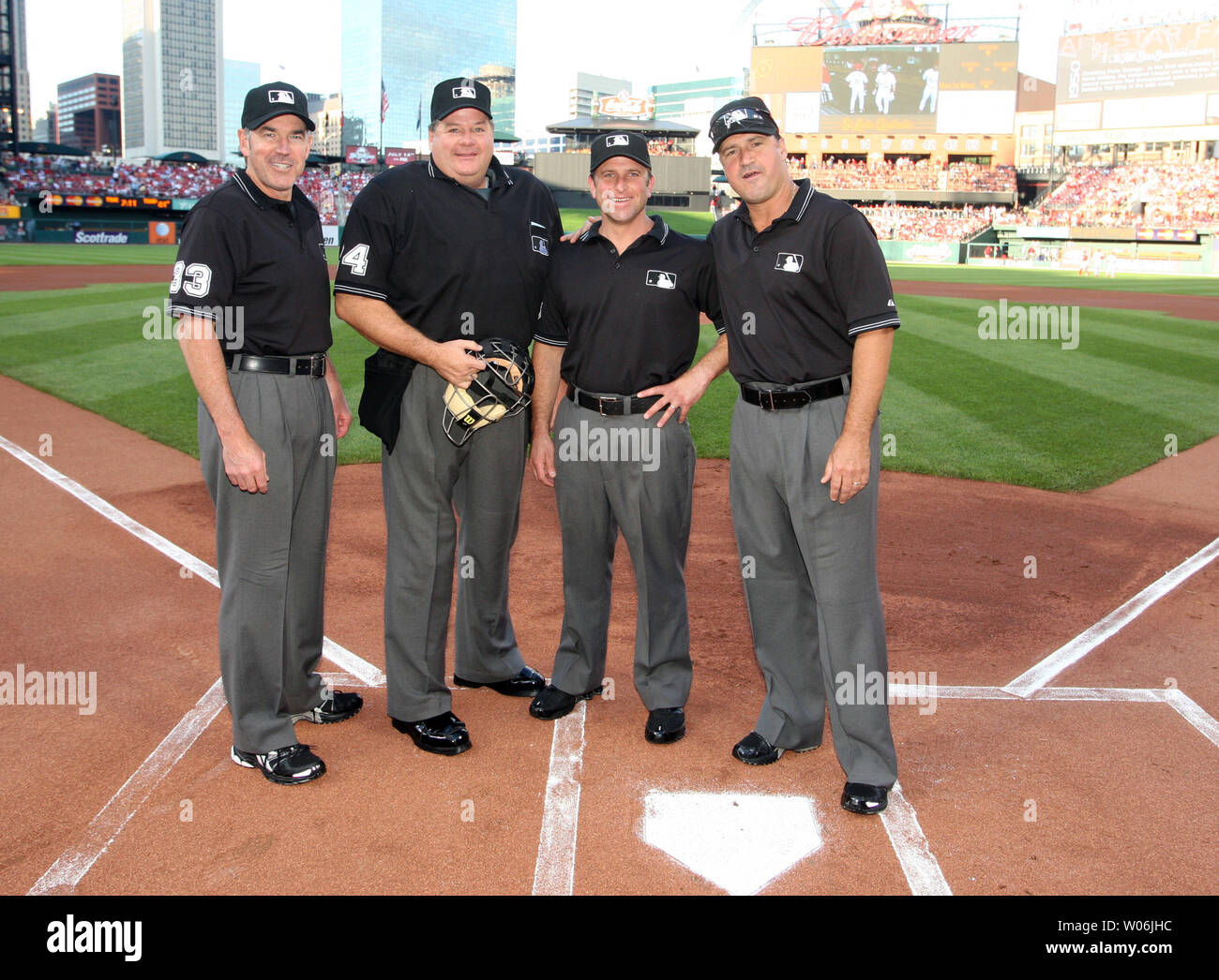 Umpires (L to R) Mike Winters, Jerry Layne, Chris Guccione and Tony Randazzo pose for a photograph before the start of the Detroit Tigers-St. Louis Cardinals baseball game at Busch Stadium in St. Louis on June 16, 2009.   (UPI Photo/Bill Greenblatt) Stock Photo