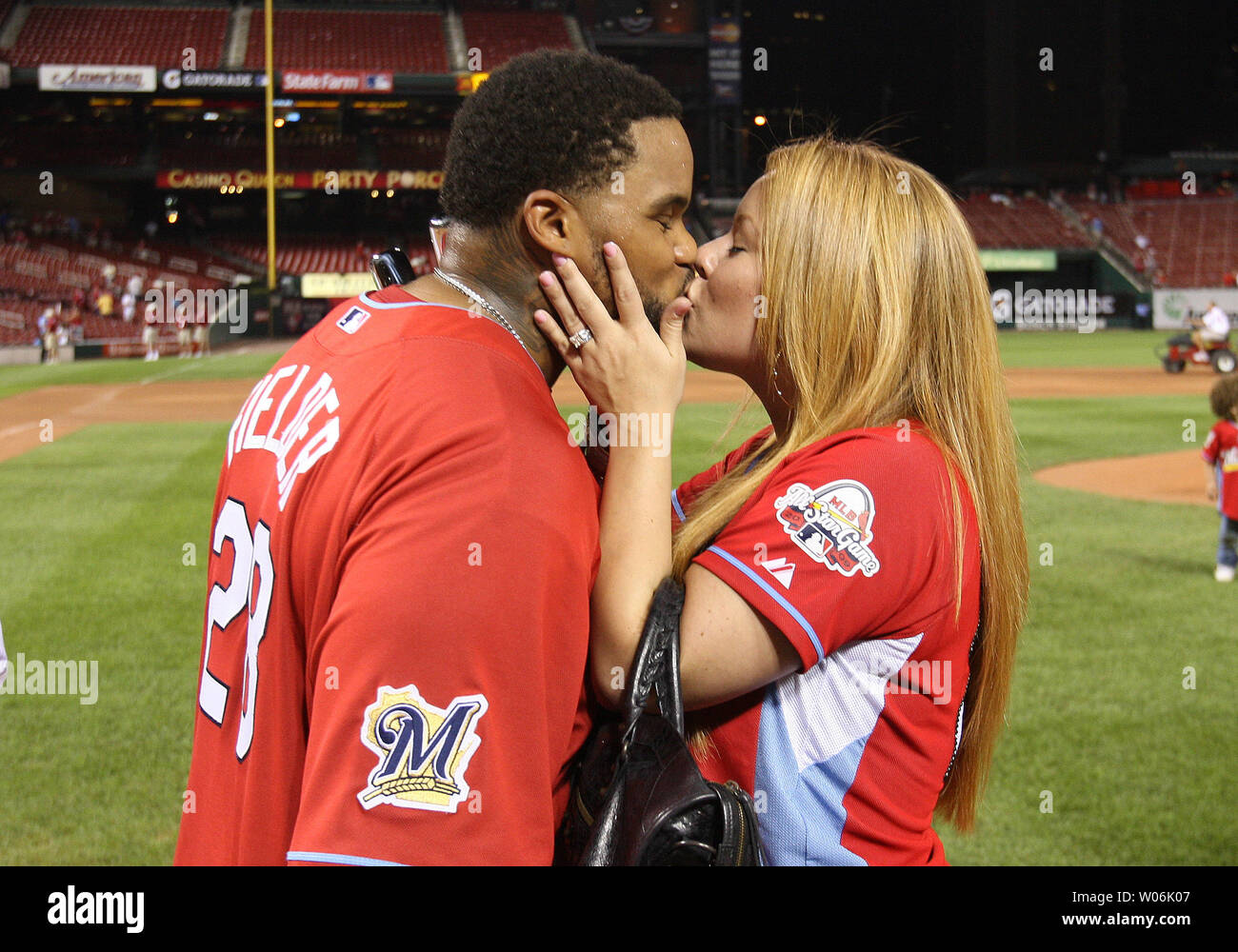 Milwaukee Brewers Prince Fielder receives a kiss from wife Chanel after  winning the Home Run Derby contest at Busch Stadium in St. Louis on July  13, 2009. Prince Fielder is the first