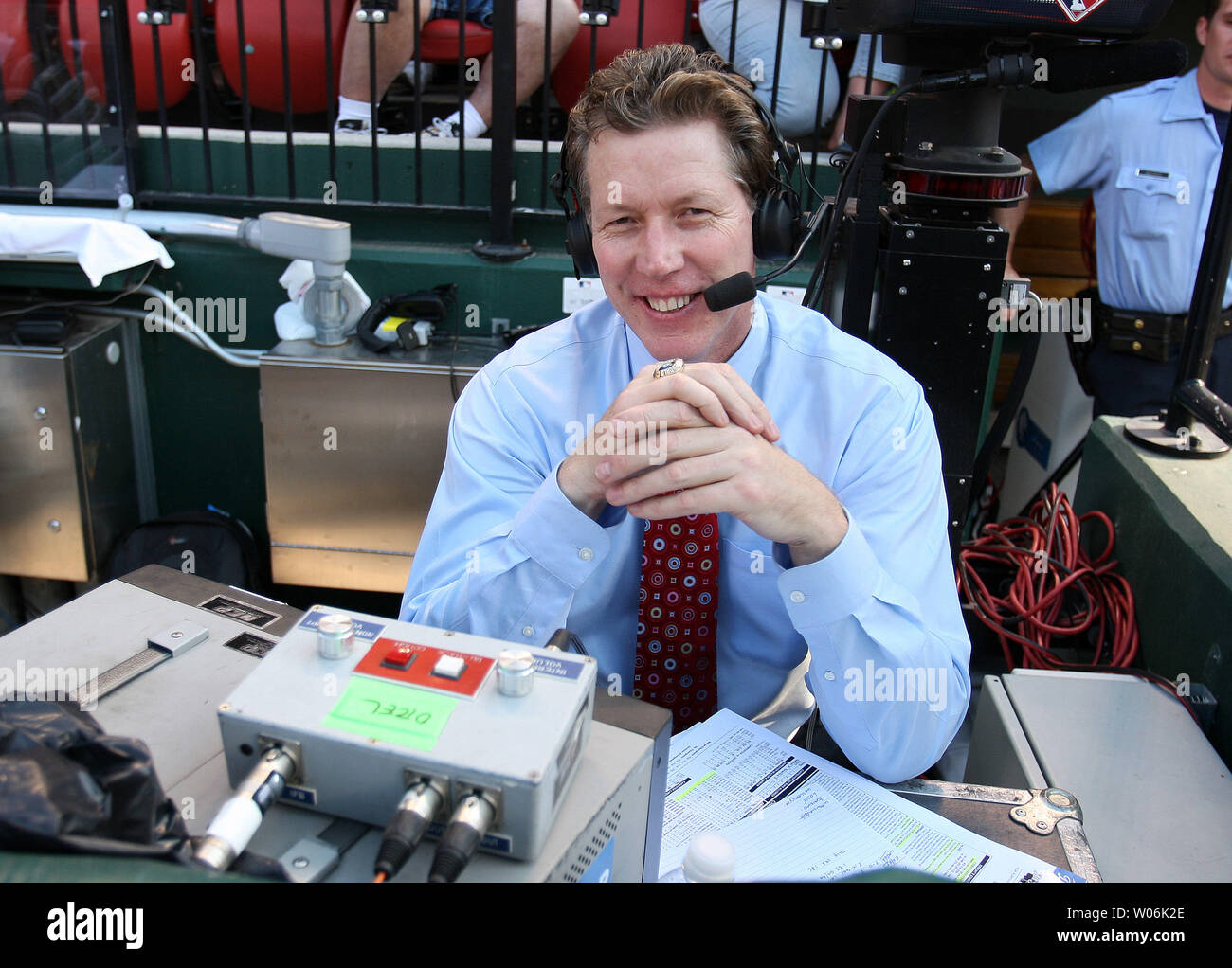 ESPN Sideline reporter Orel Hershiser smiles as he prepares for the Los