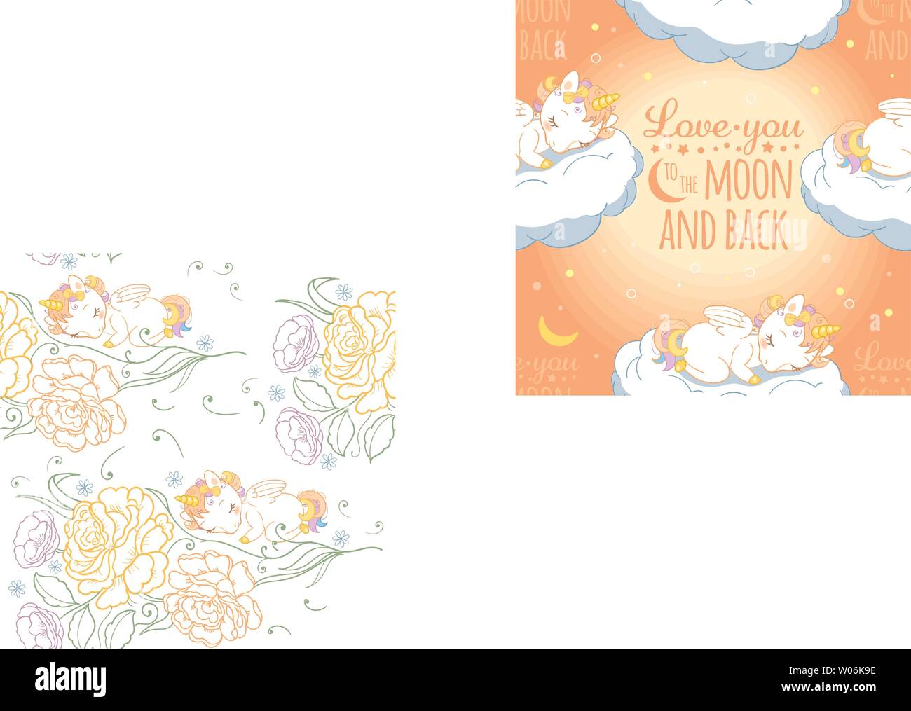 Seamless pattern with cute little sleeping baby unicorns, clouds and ...