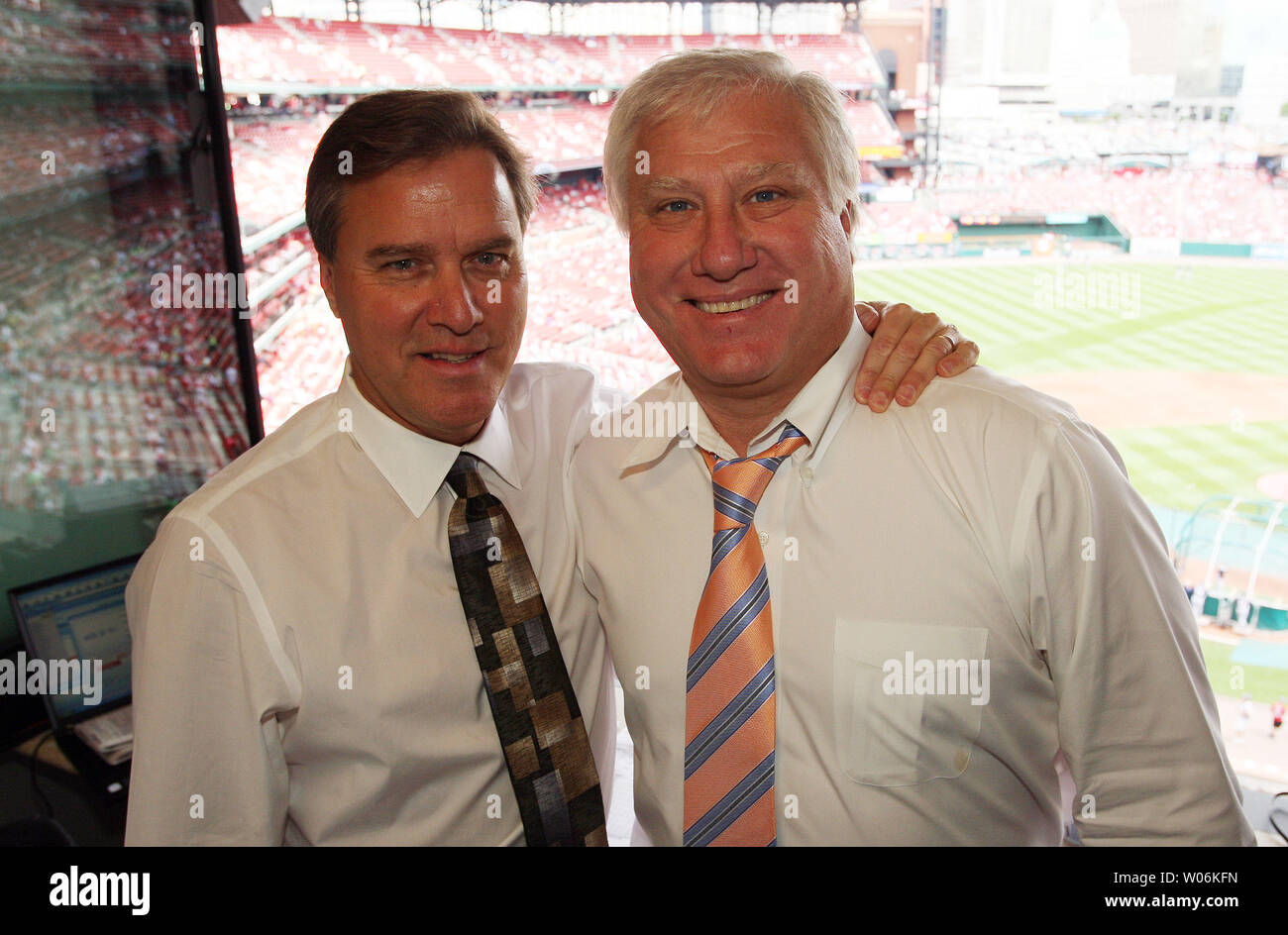Washington Nationals television announcers Bob Carpenter (L) and Ray