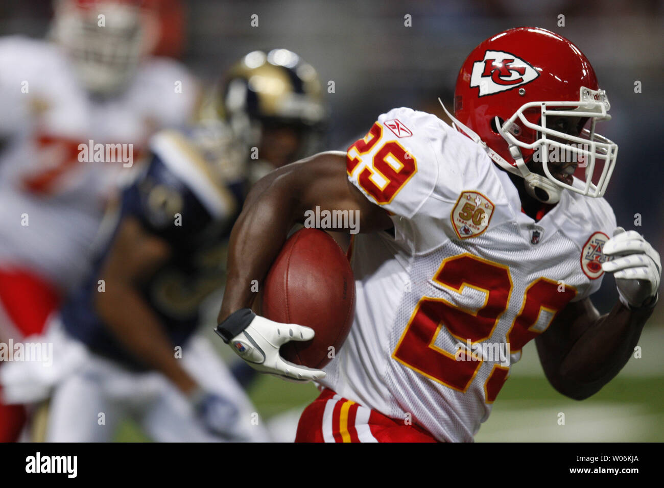 Kansas City Chiefs Dantrell Savage takes off for a 70-yard gain in the second quarter against the St. Louis Rams during pre-season action at the Edward Jones Dome in St. Louis on September 3, 2009.   UPI/Bill Greenblatt Stock Photo